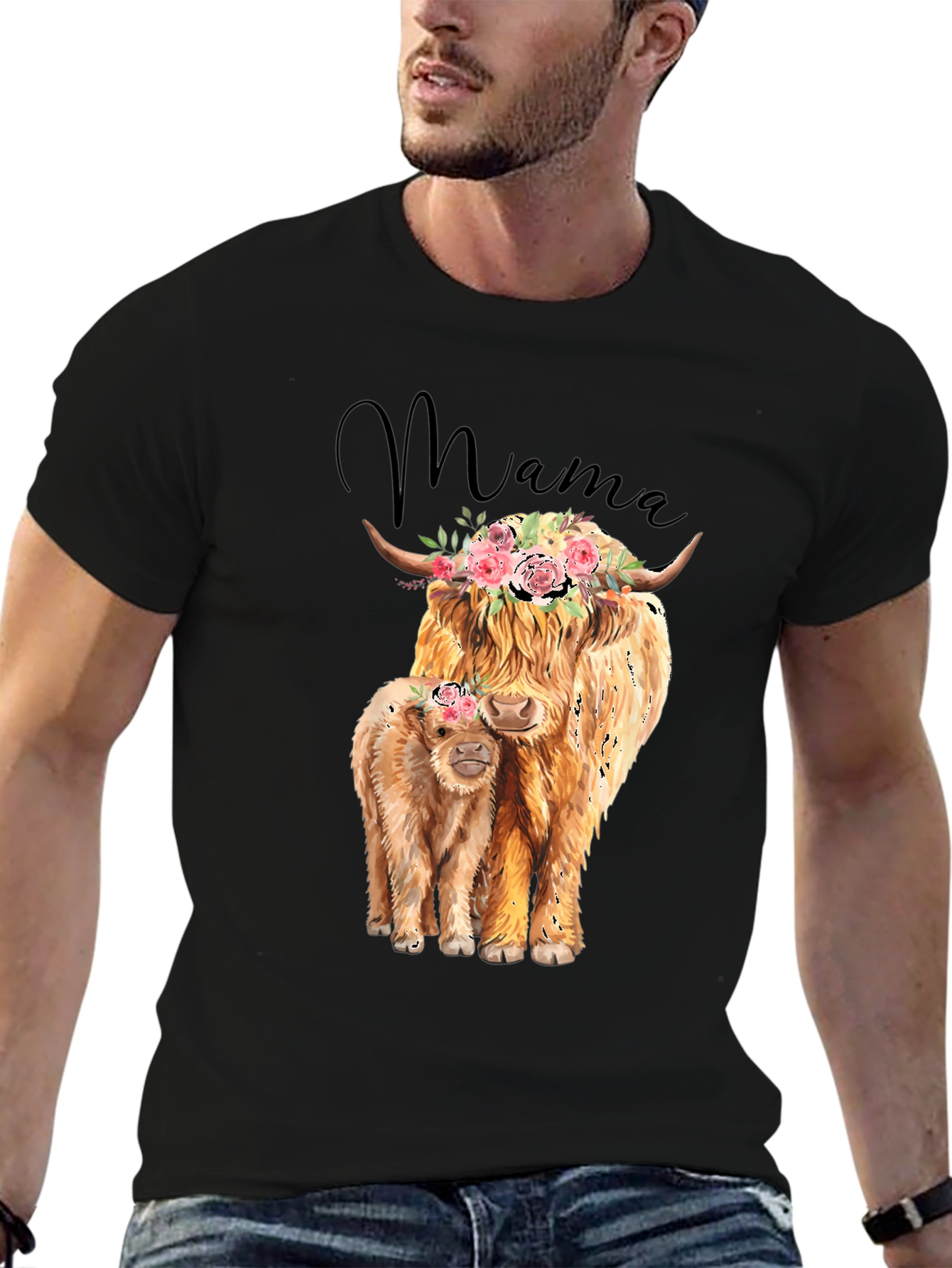 Black Mama Highland Cow T-Shirt: Floral Crowned Cow & Calf Tee view 6