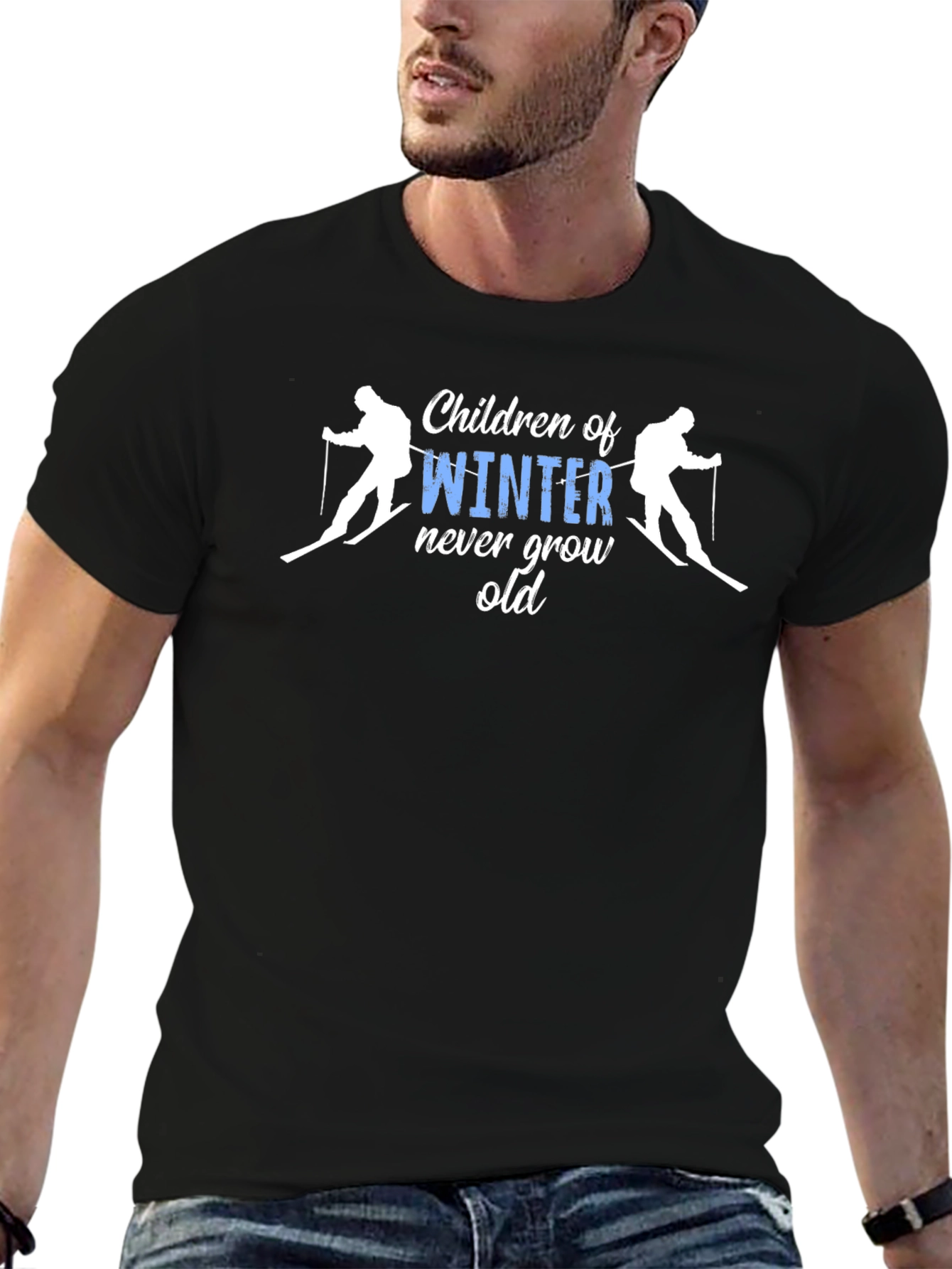 Black Winter Skiing T-Shirt - Children of Winter Never Grow Old view 6