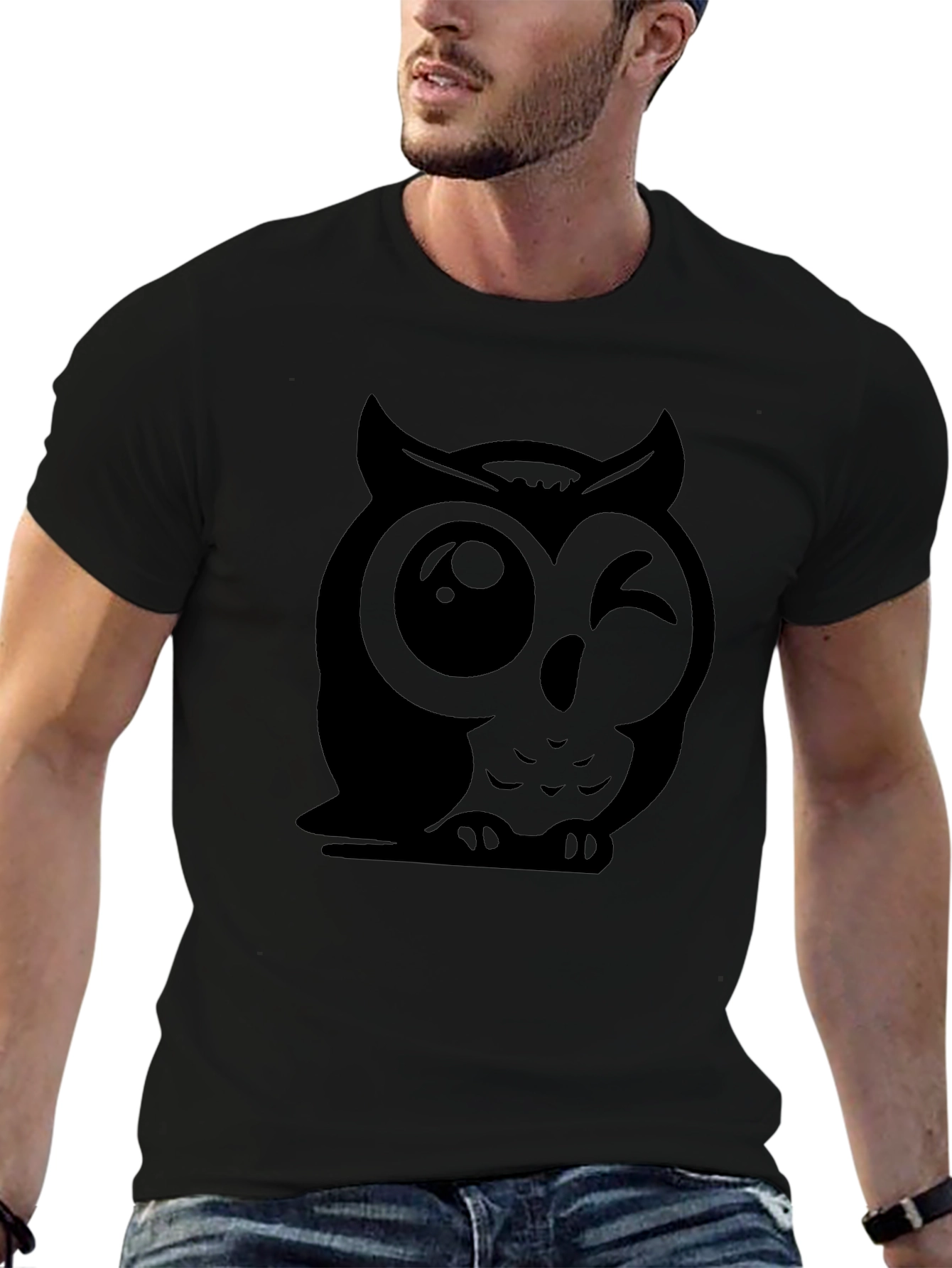 Black Winking Owl Graphic Tee - Soft Cotton Black T-Shirt view 6