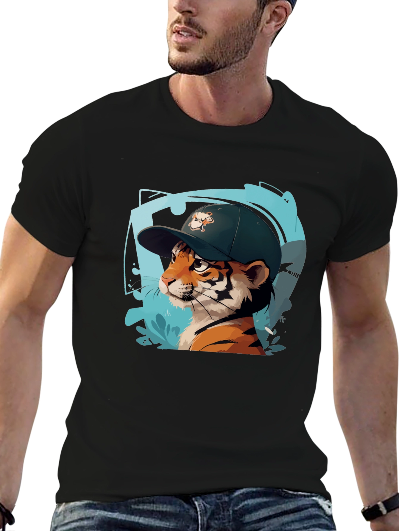 Black Cool Cat Tee - Tiger in a Hat Graphic Print Shirt view 6