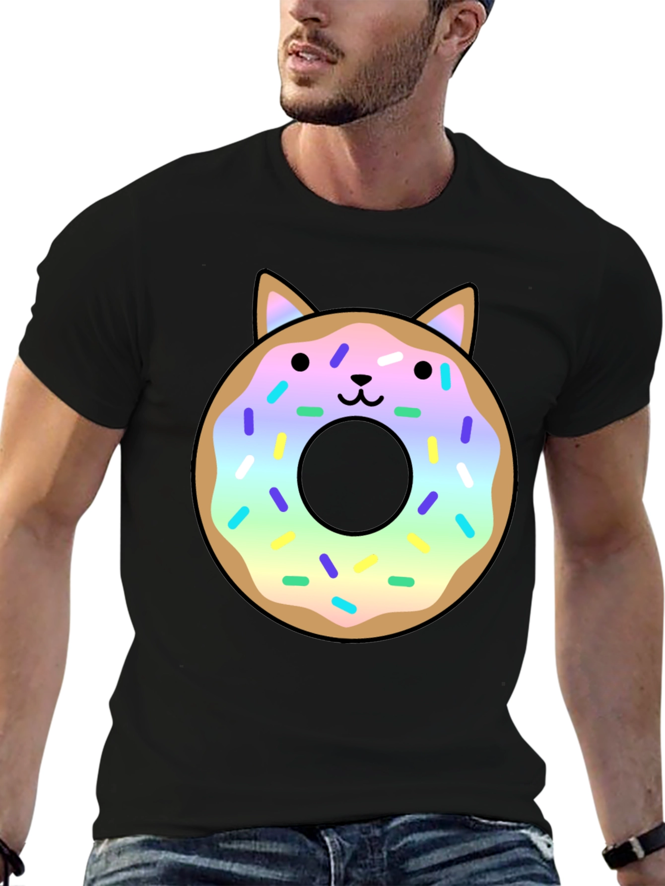 Black Cute Cat Donut Graphic Tee - Black Unisex T-Shirt view 6