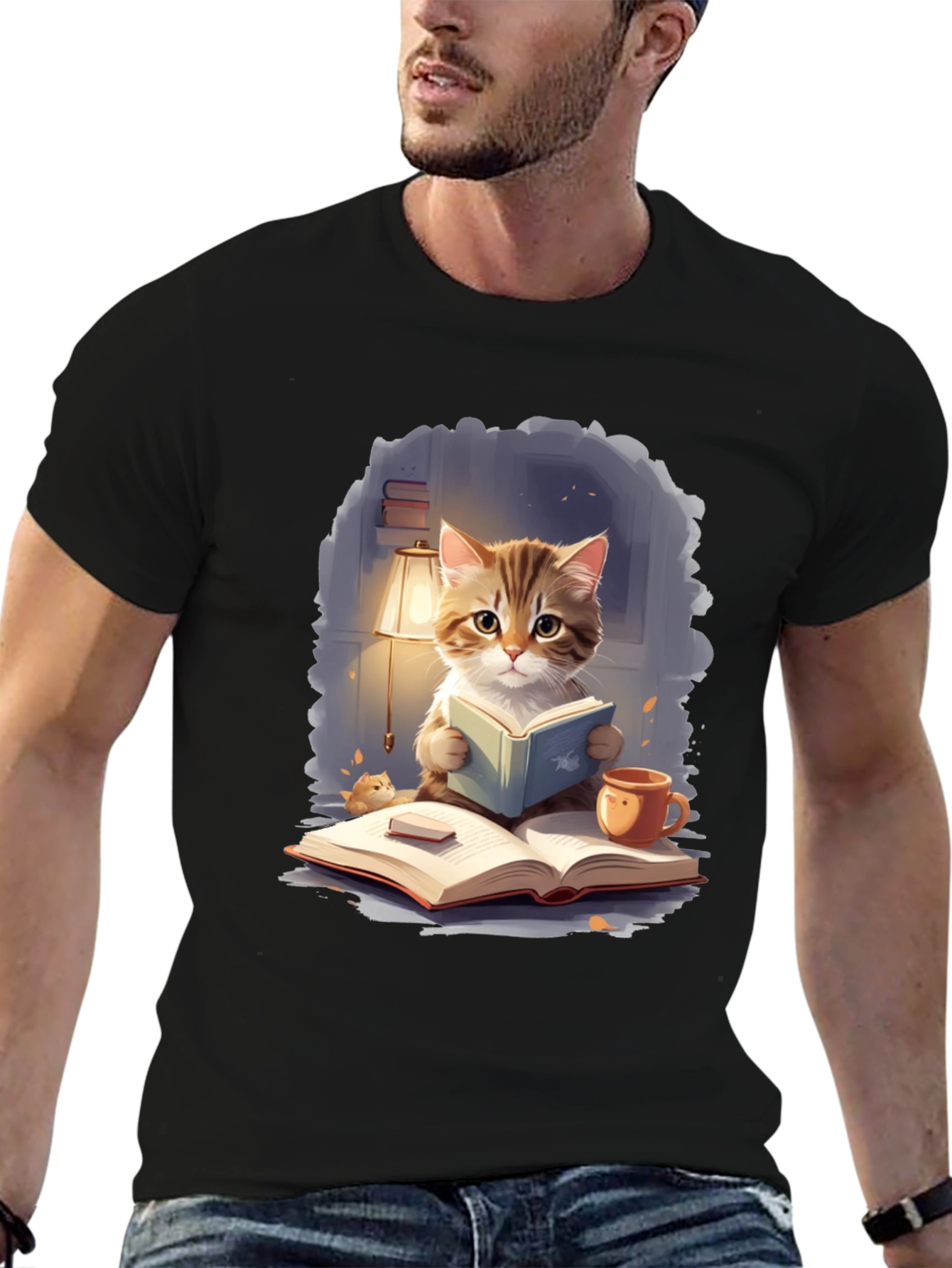 Black Cat Reading Book T-Shirt view 6