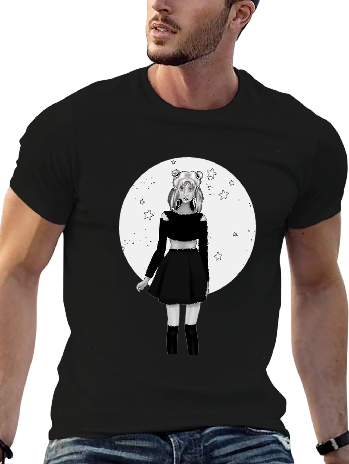 Black Anime Girl Moon Graphic Black T-Shirt view 6