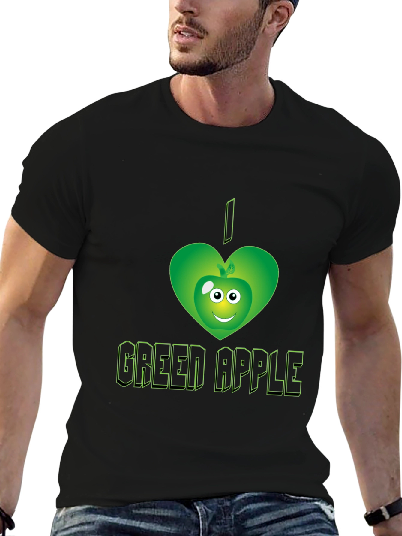 Black I Love Green Apple Graphic Tee - Trendy Casual Shirt view 6