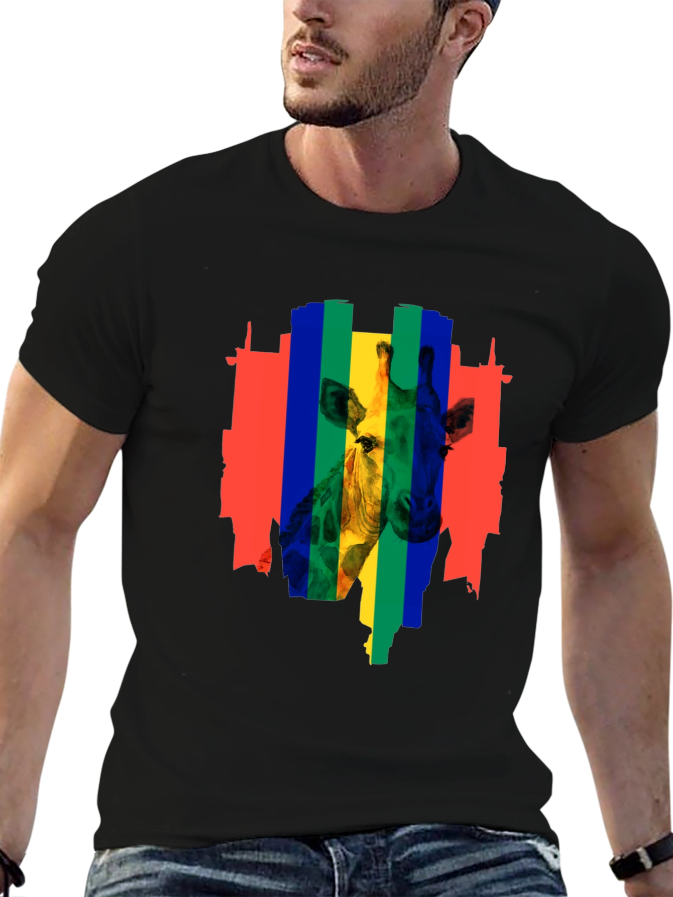 Black Rainbow Giraffe Graphic Tee - Men's Black T-Shirt view 6