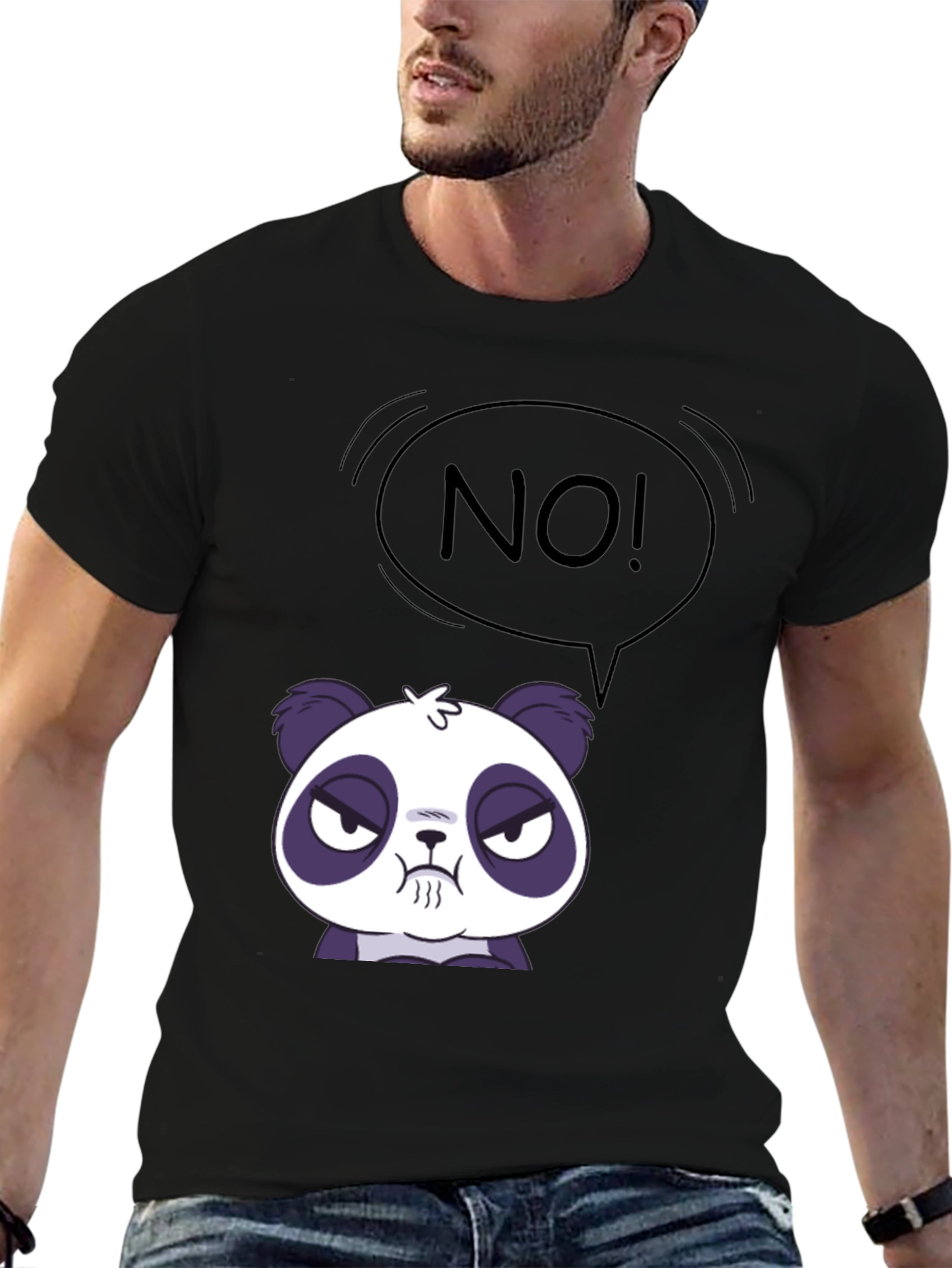 Black Funny Panda No T-Shirt - Black Crew Neck view 6