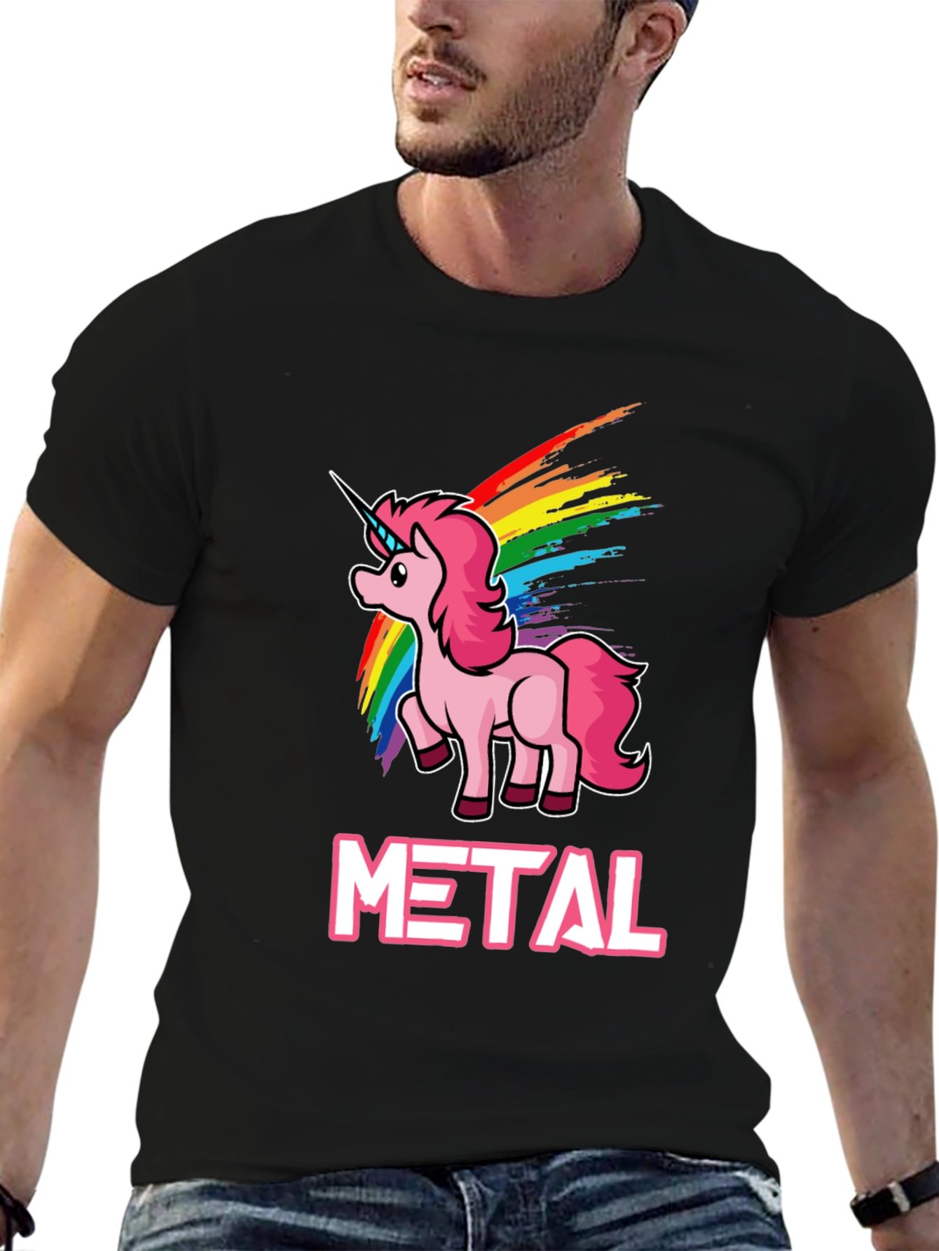 Black Unicorn Metal Rainbow T-Shirt - Heavy Metal Style view 6