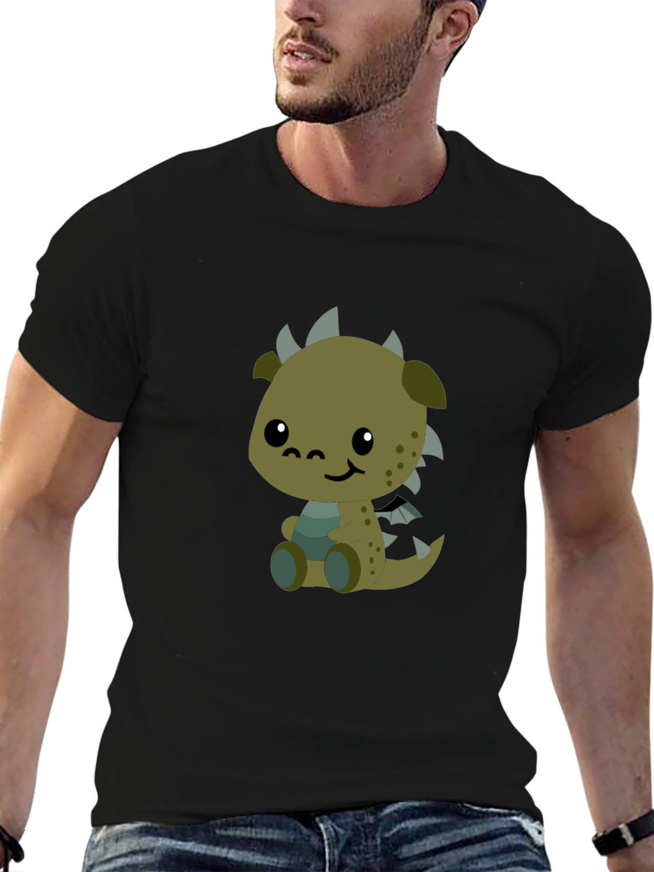 Black Cute Cartoon Dragon Graphic Black T-Shirt view 6