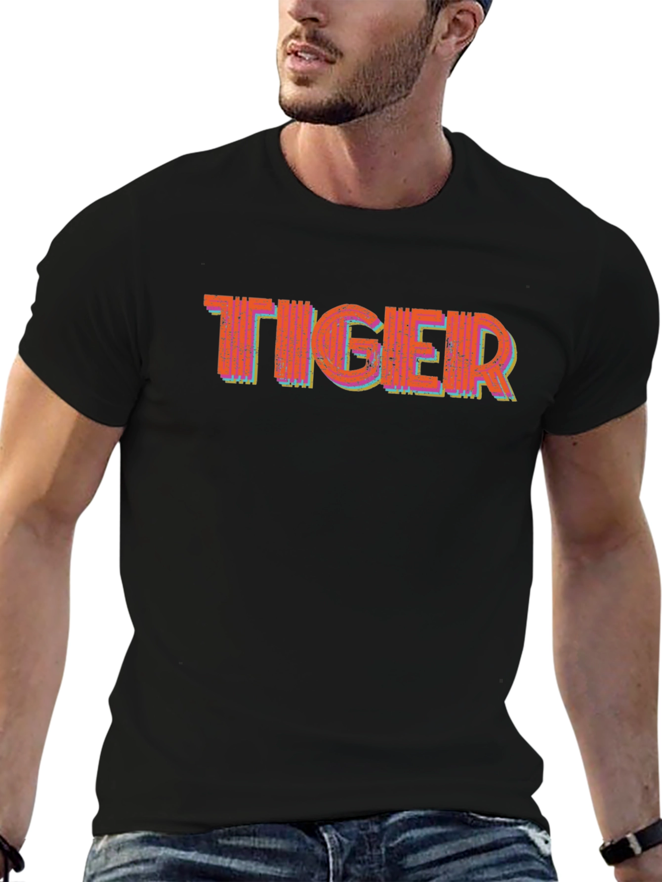 Black Tiger Graphic Print Black Crew Neck T-Shirt view 6