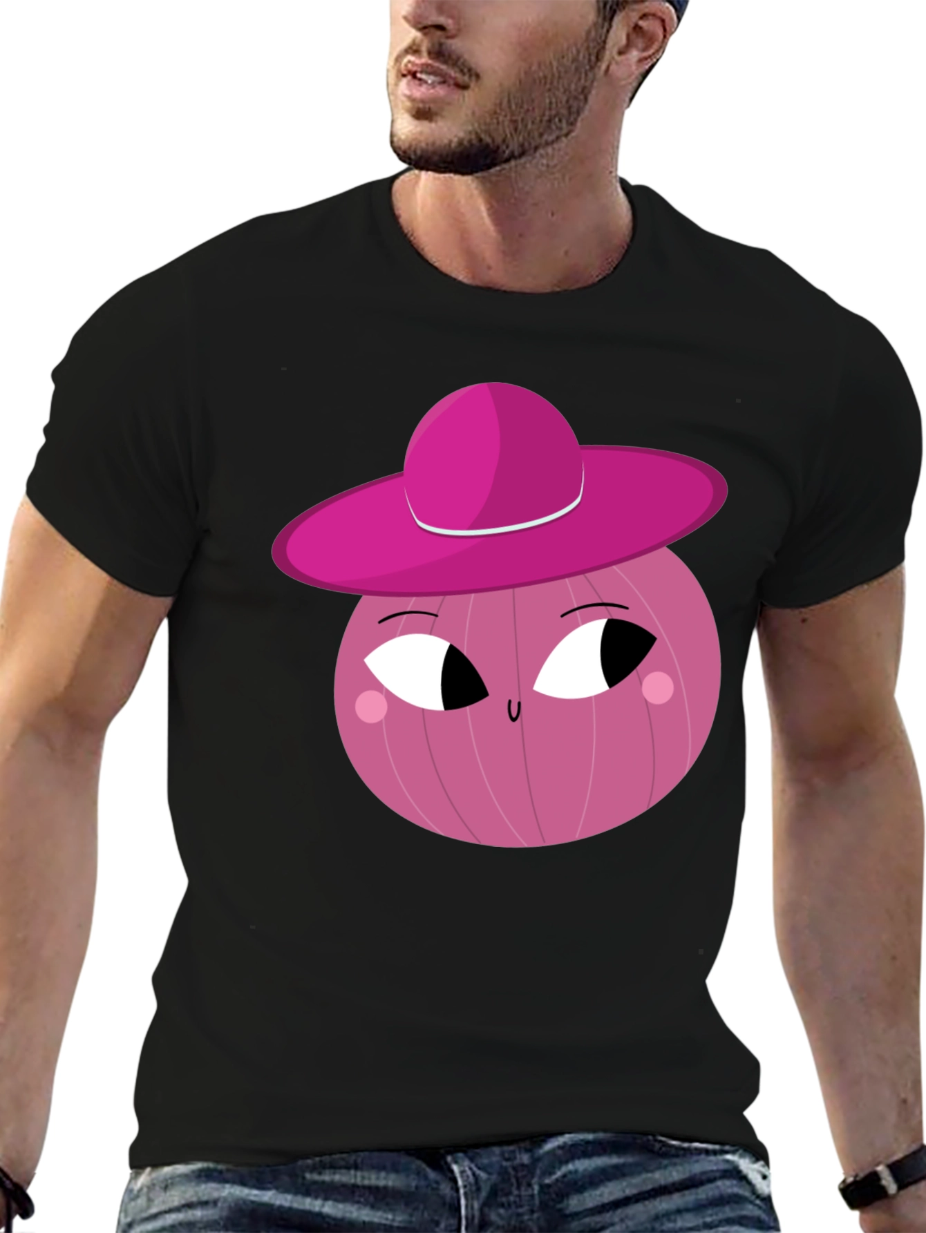 Black Whimsical Pink Onion Character Graphic T-Shirt view 6
