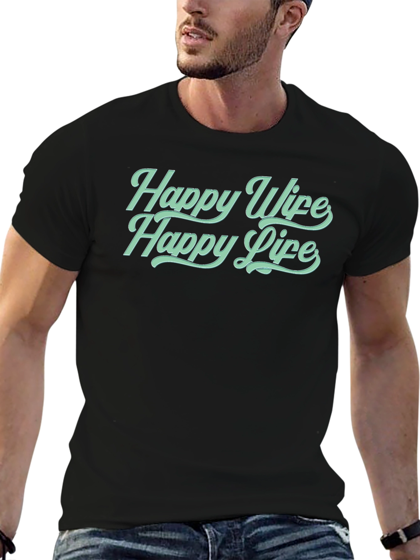 Black Happy Wife Happy Life Crew Neck T-Shirt - Black view 6