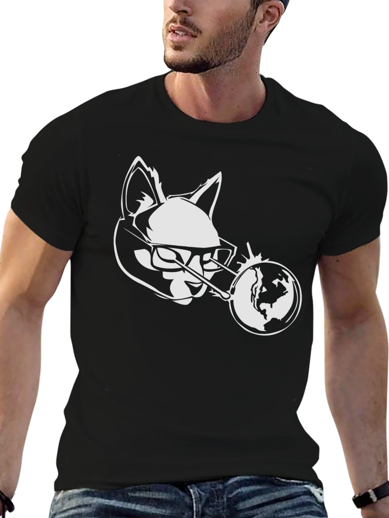 Black Cool Cat Globe Graphic Black T-Shirt view 6