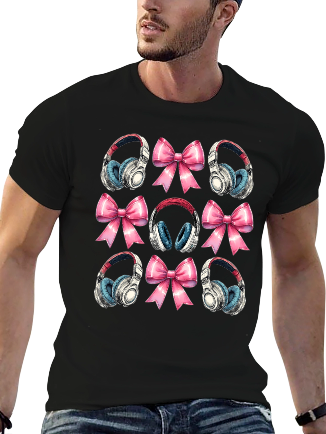 Black Headphones and Bows Pattern T-Shirt view 6
