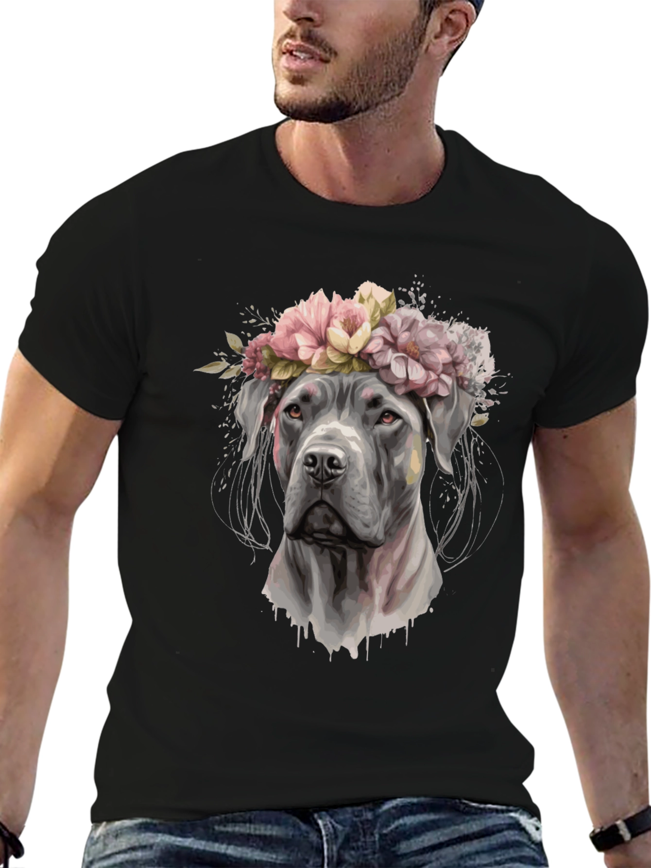 Black Dog with Flower Crown Black T-Shirt view 6