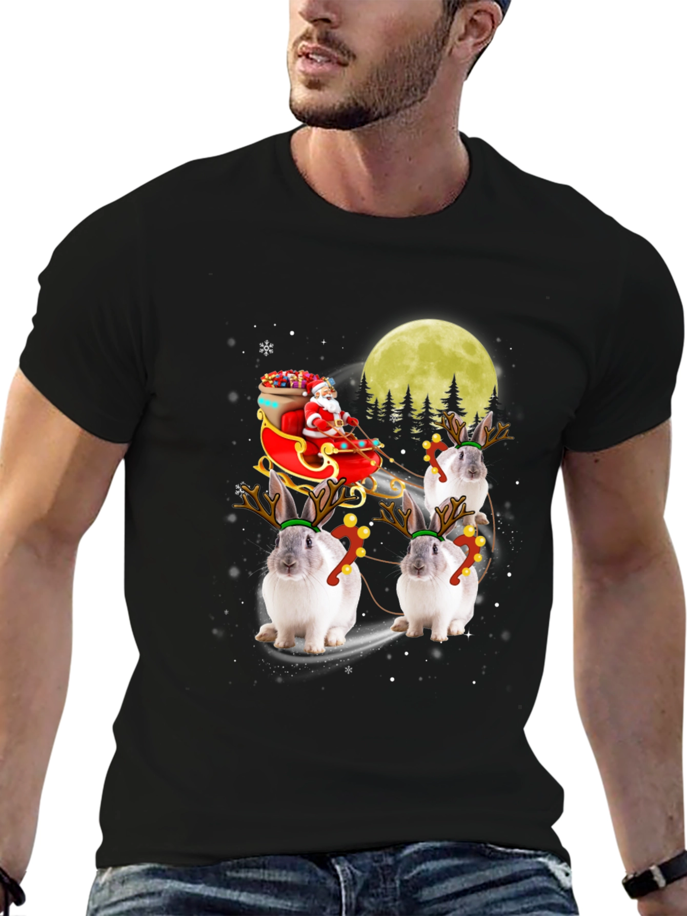 Black Christmas Bunny Reindeer T-Shirt view 6