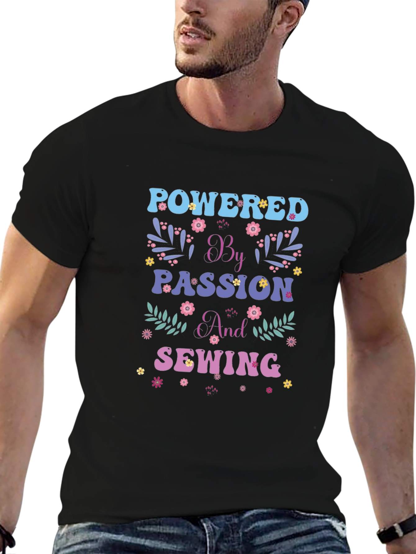 Black Powered by Passion and Sewing Graphic T-Shirt view 6