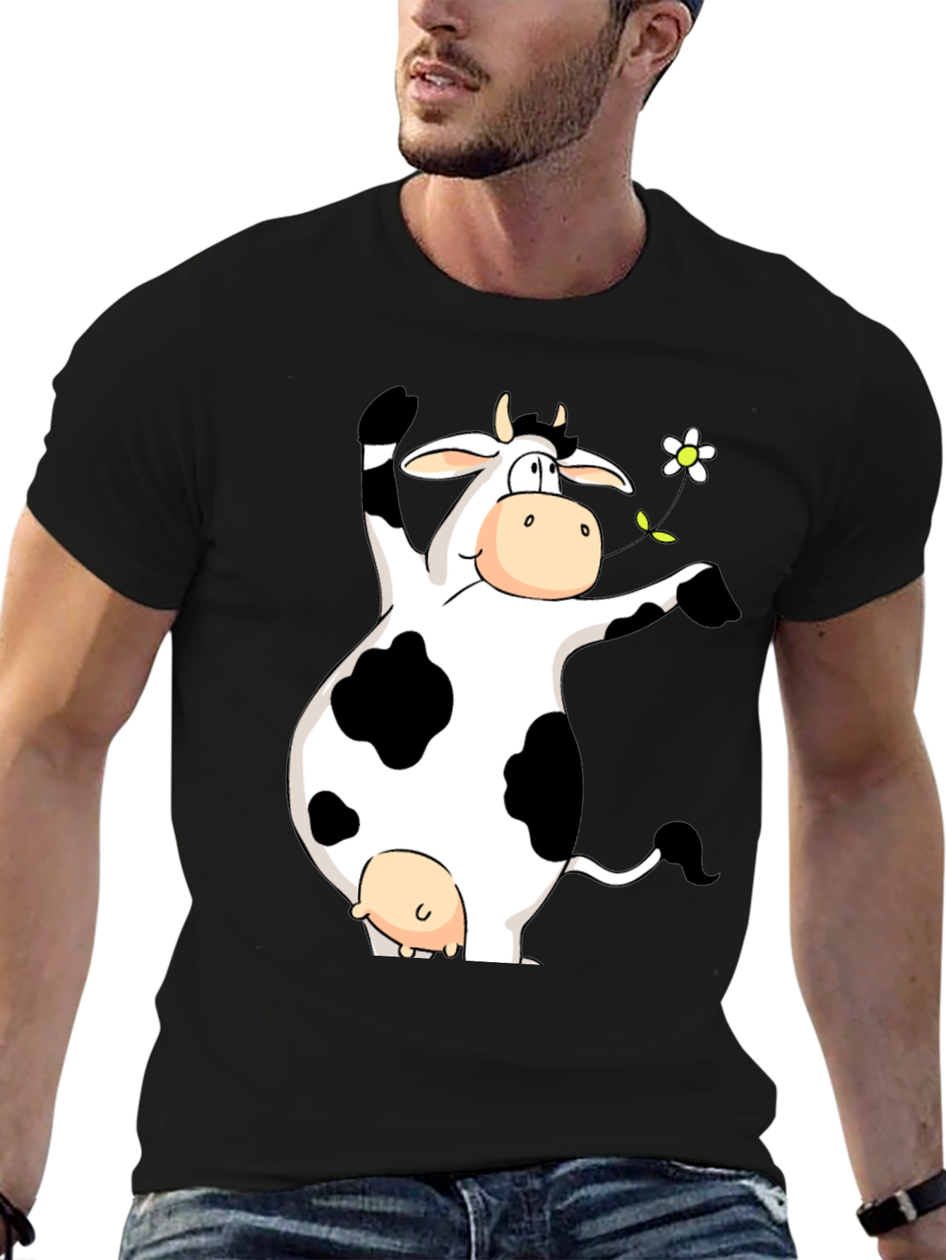 Black Funny Cow Graphic Print Black T-Shirt view 6