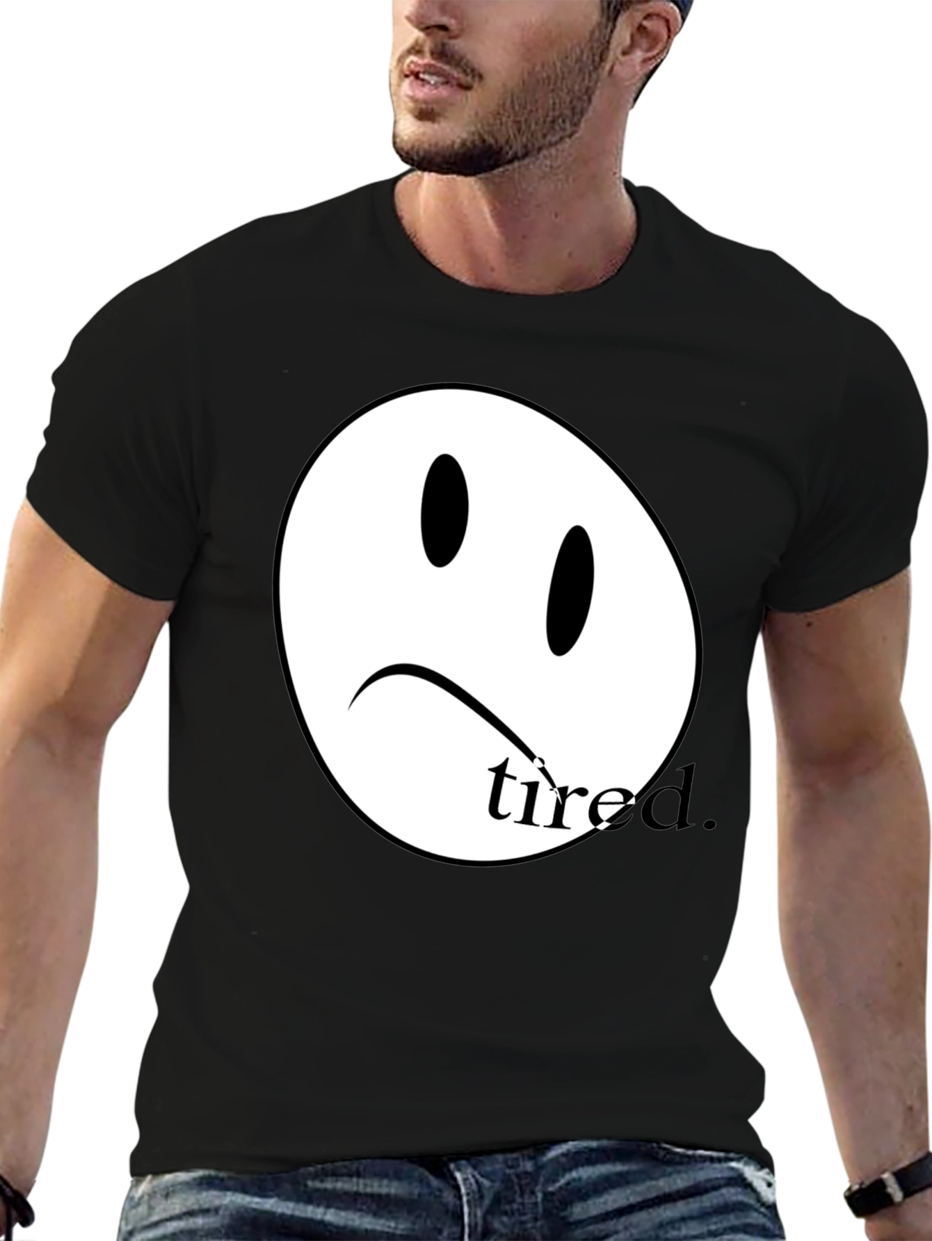 Black Sad Face Tired T-Shirt - Unisex Cotton Tee view 6