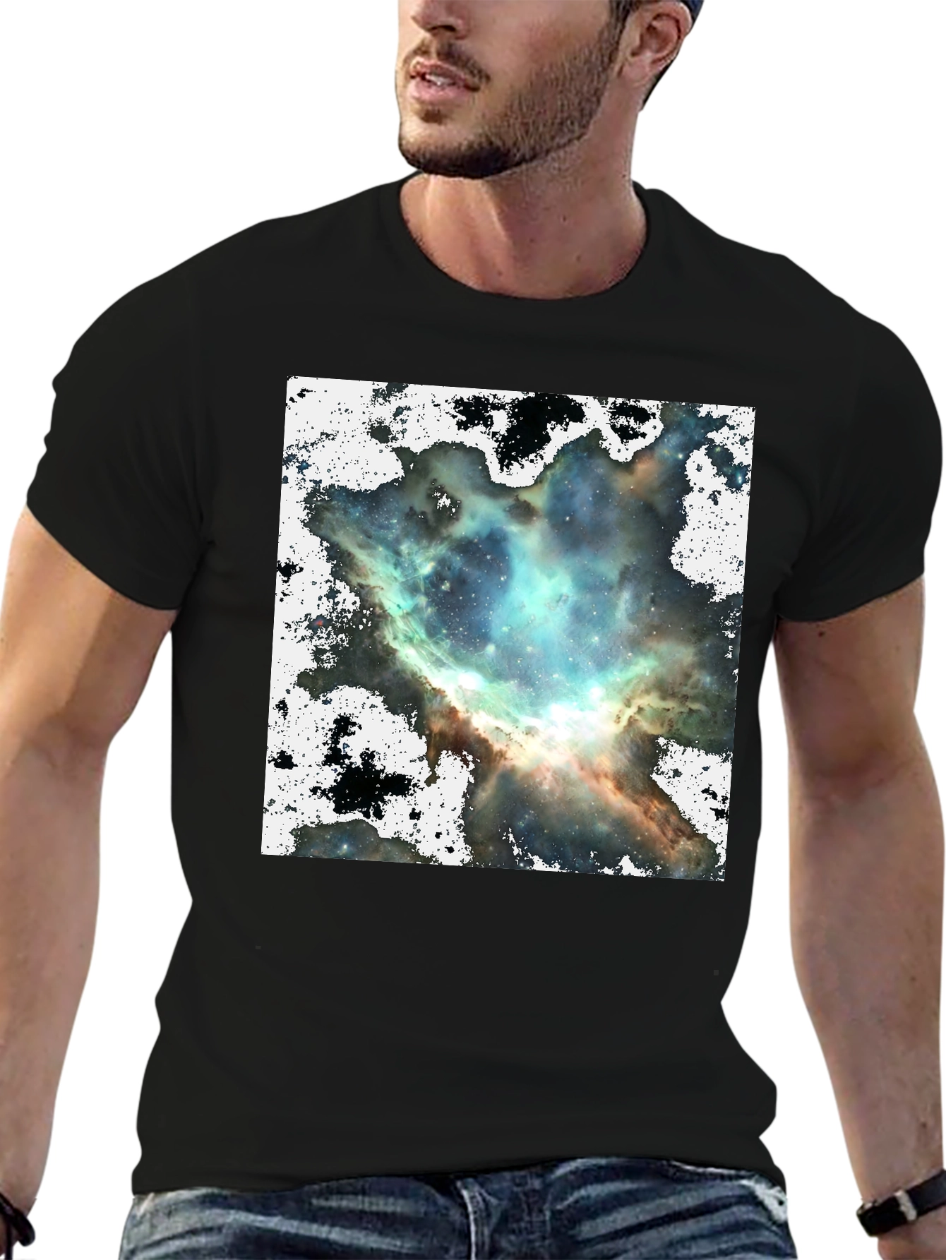 Black Nebula Print Black Crewneck T-Shirt view 6
