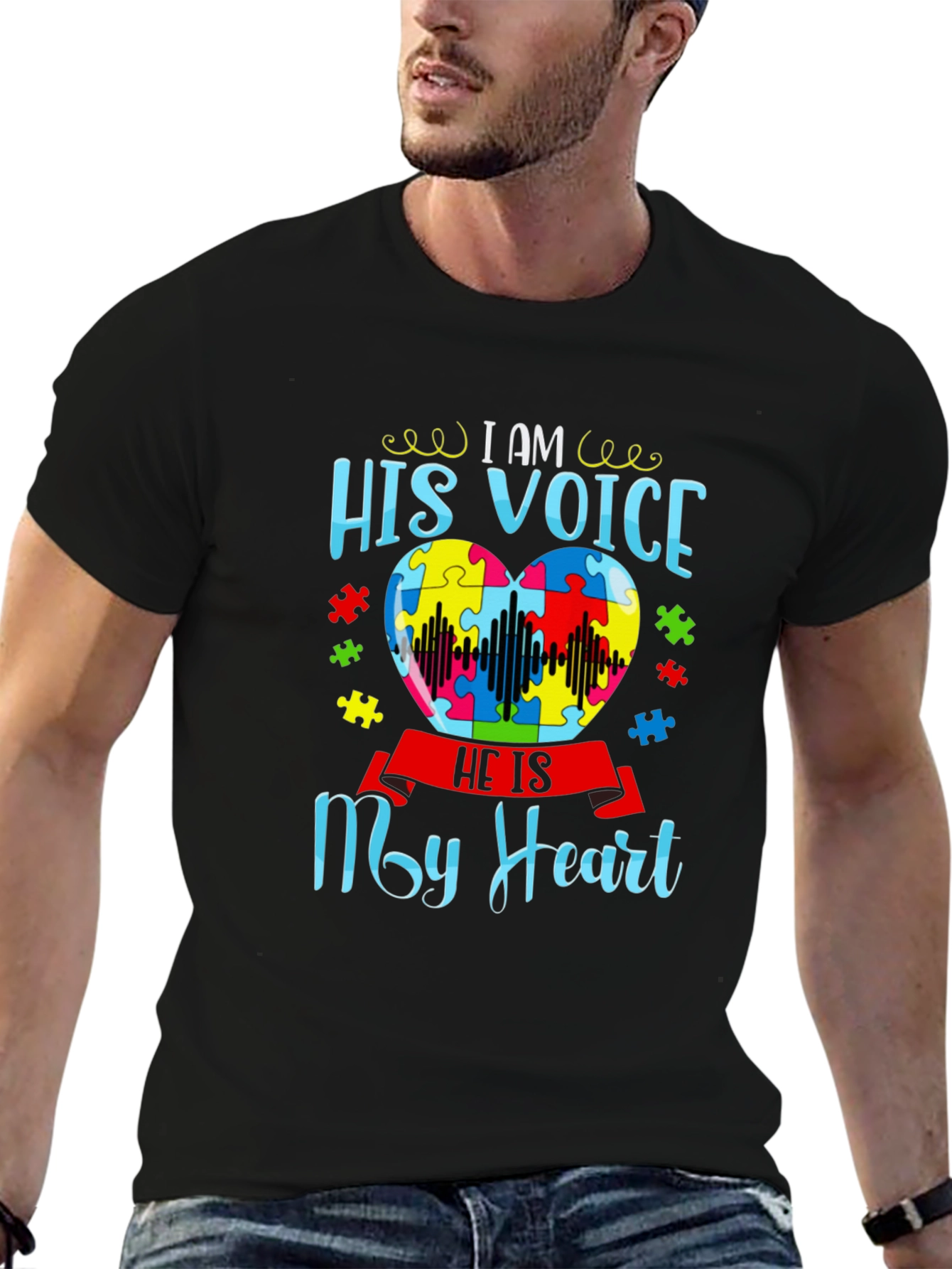 Black Autism Awareness 'His Voice My Heart' T-Shirt view 6
