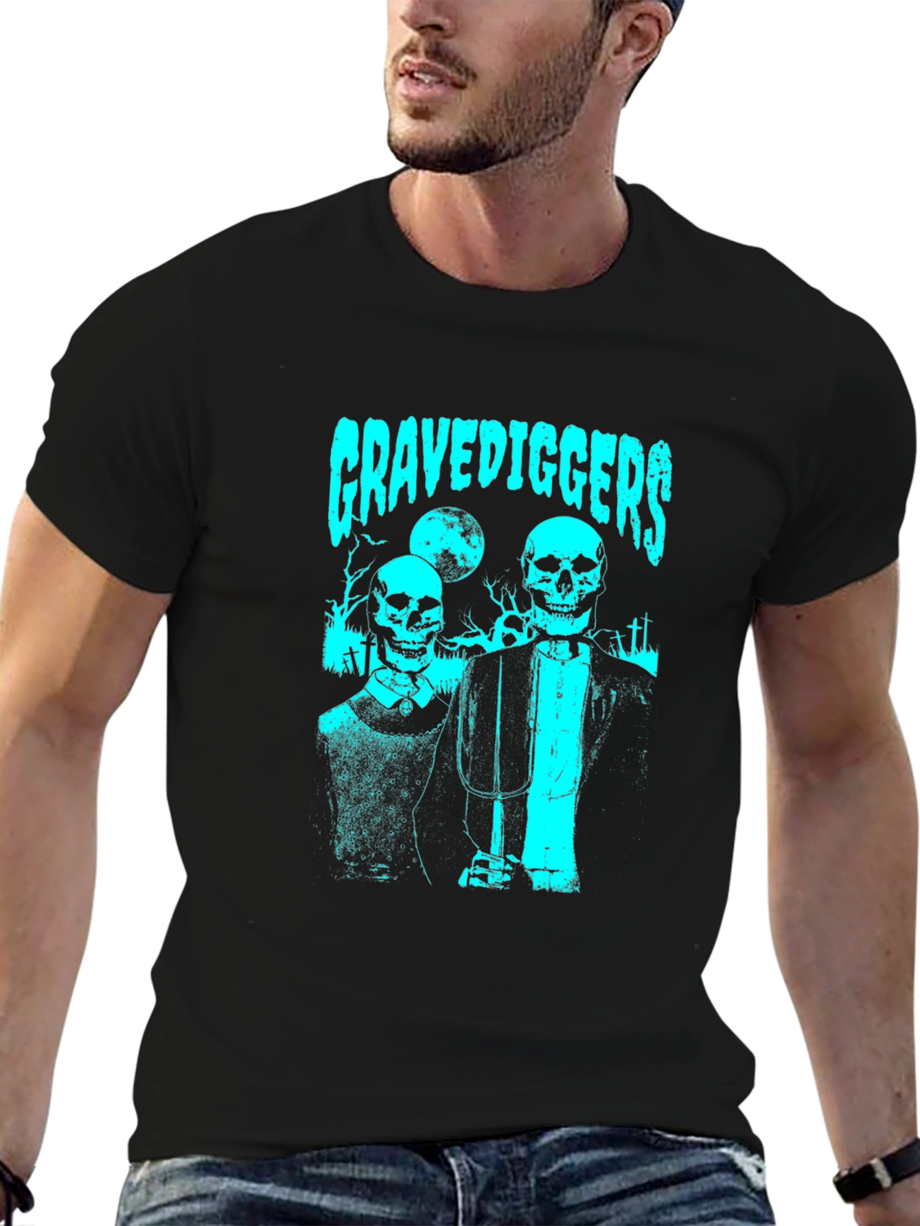 Black Gravediggers Skeleton Couple Graphic Black T-Shirt view 6