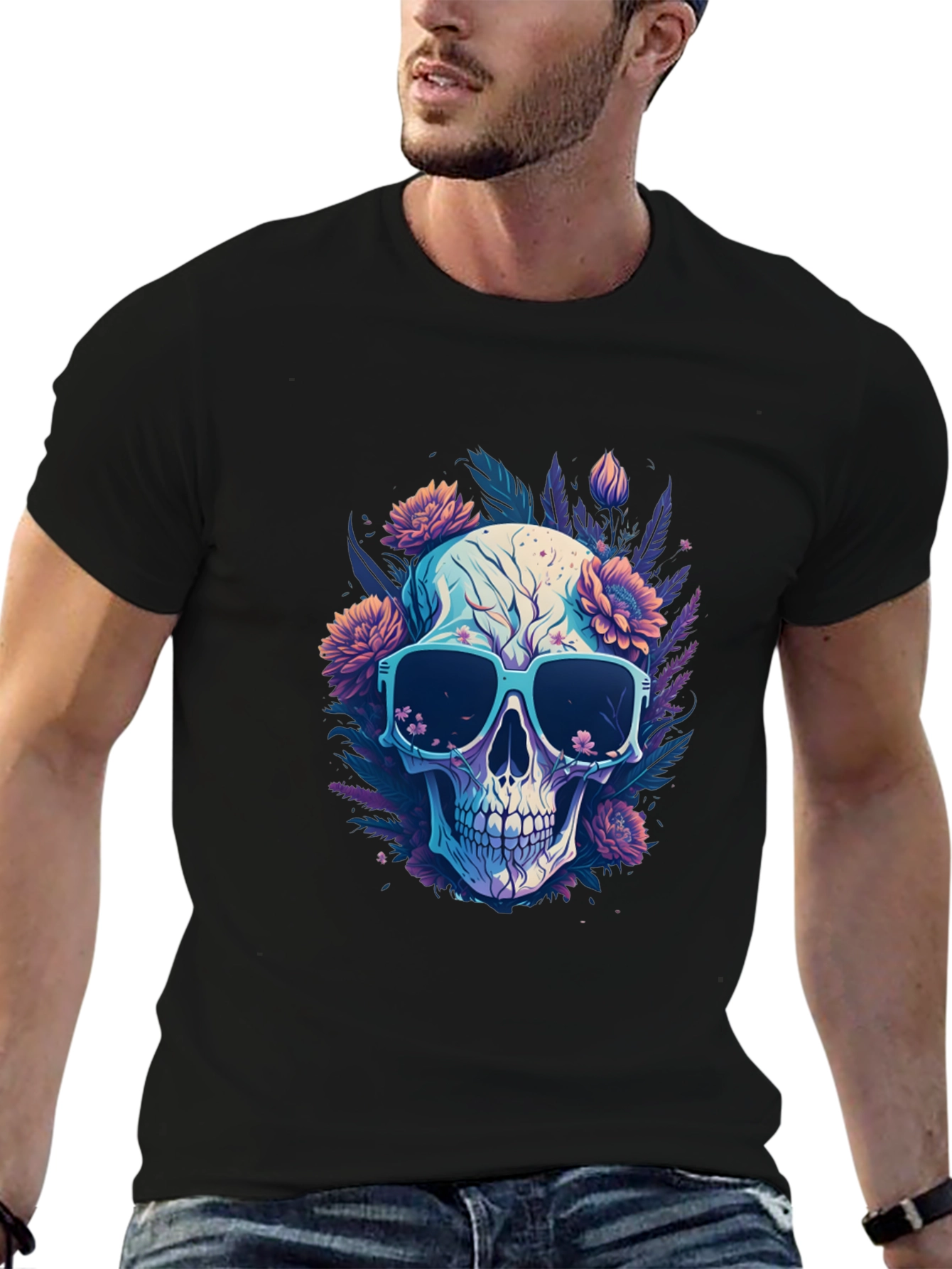 Black Skull and Flowers Graphic T-Shirt - Cool Style view 6
