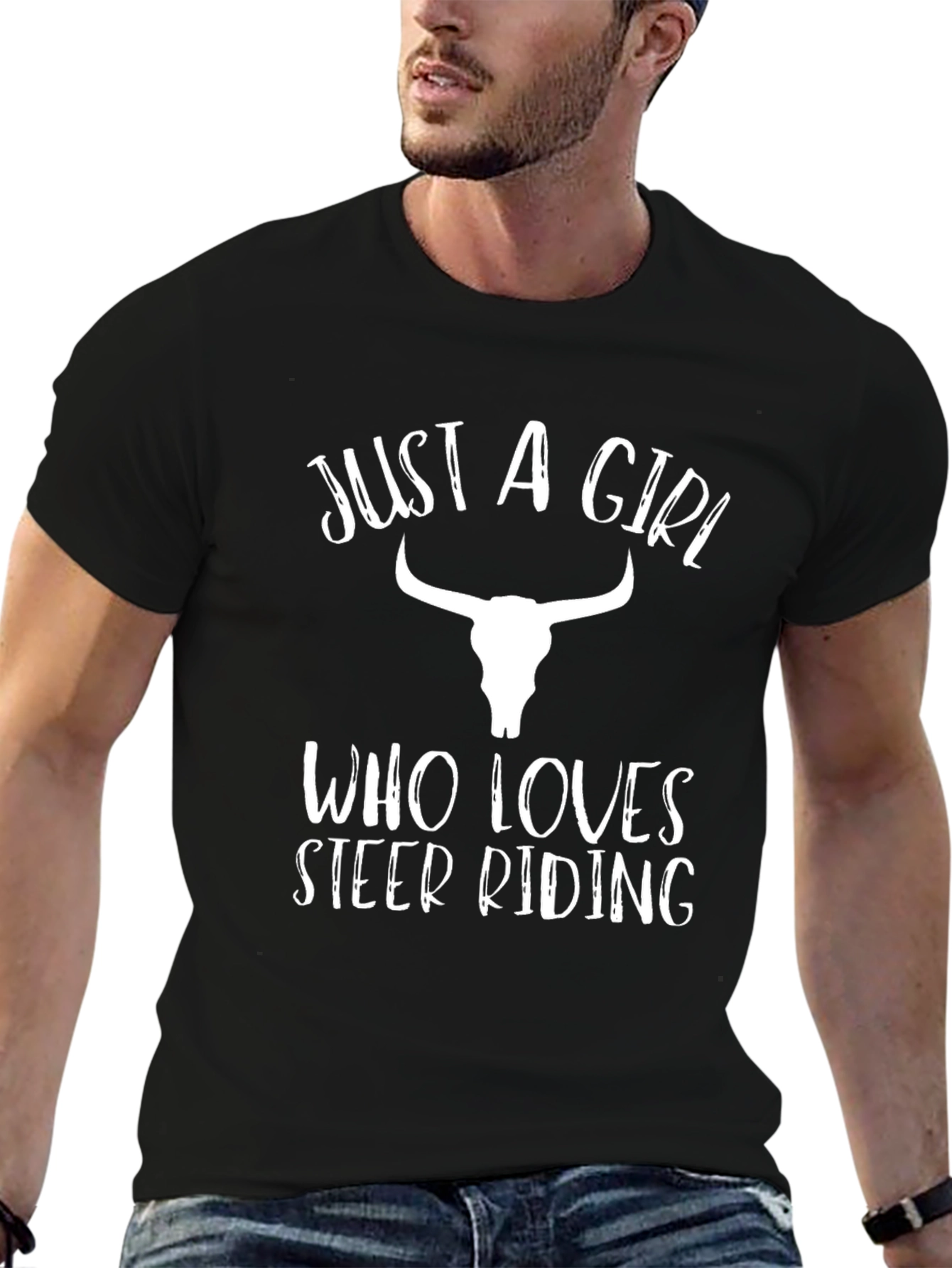 Black Just A Girl Who Loves Steer Riding T-Shirt view 6