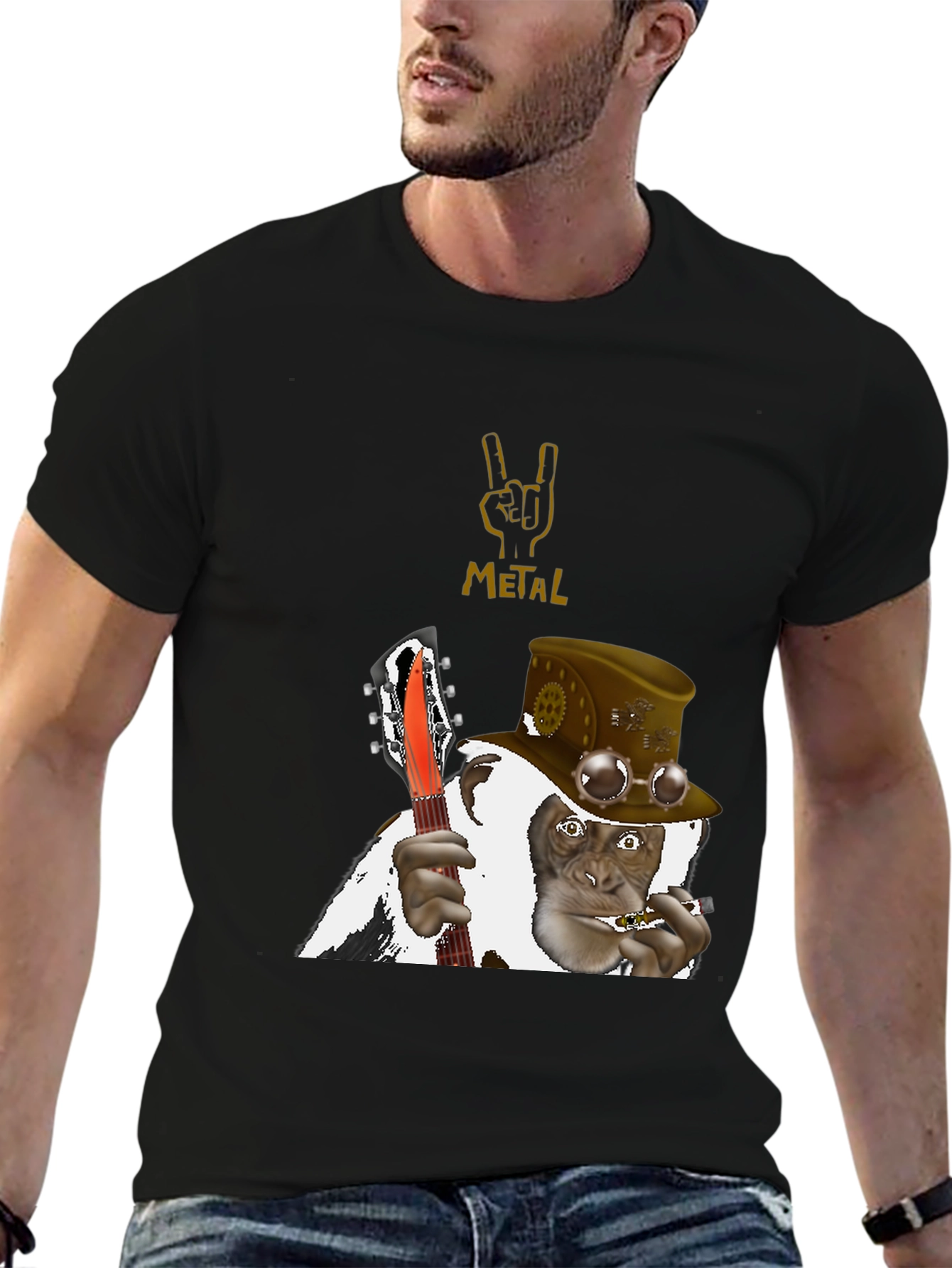 Black Steampunk Monkey Guitarist T-Shirt view 6