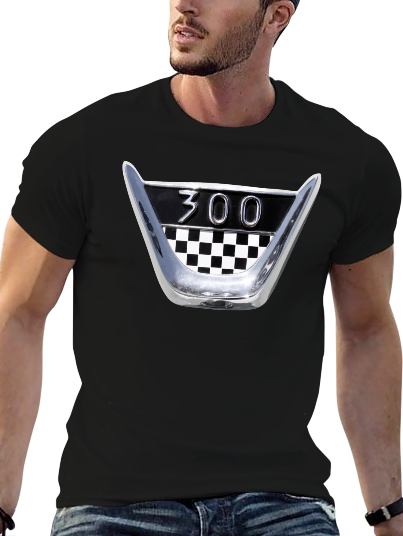 Black Retro 300 Checkerboard T-Shirt - Classic Car Fan Tee view 6