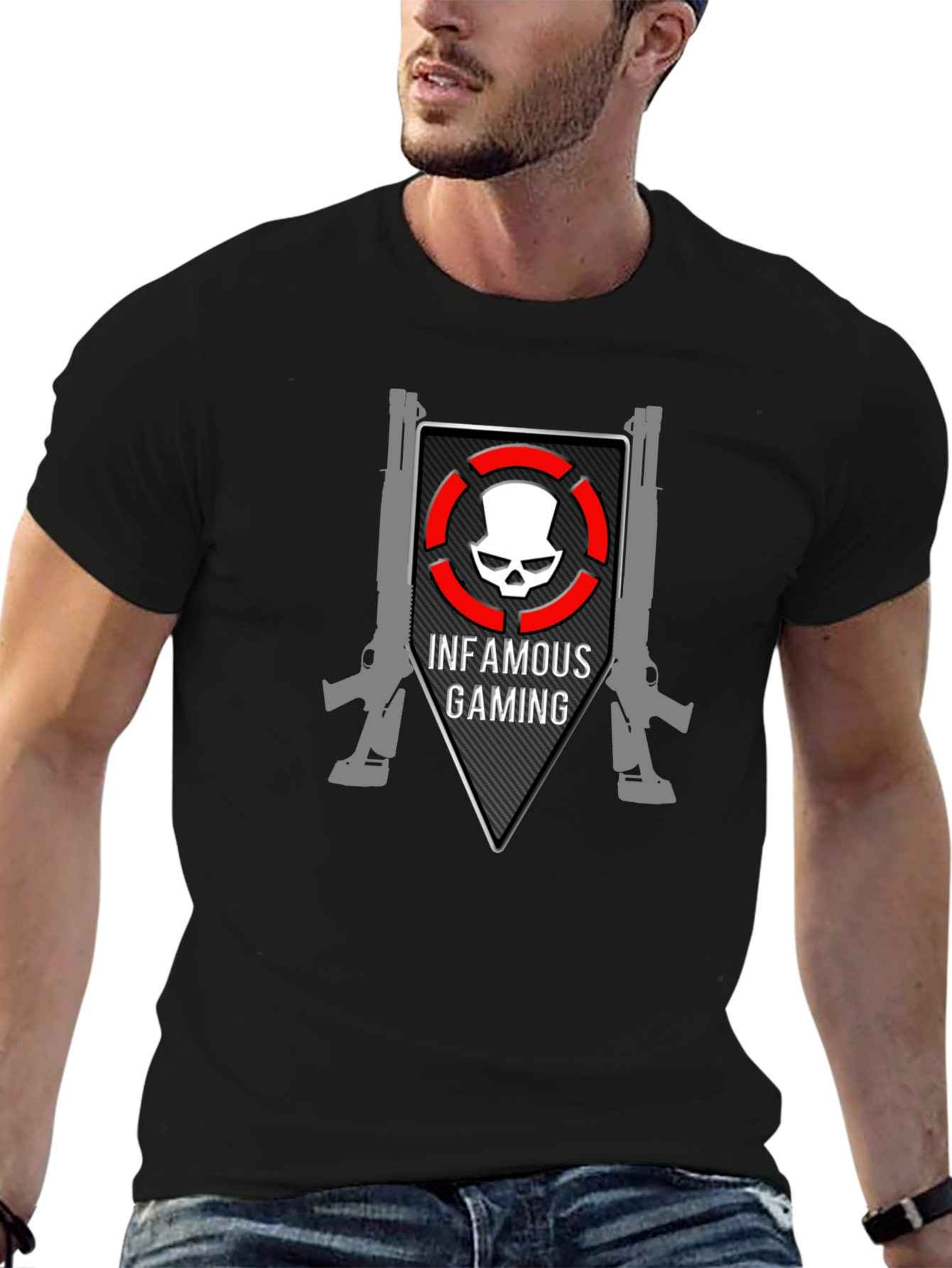 Black Infamous Gaming Black T-Shirt Skull Design view 6