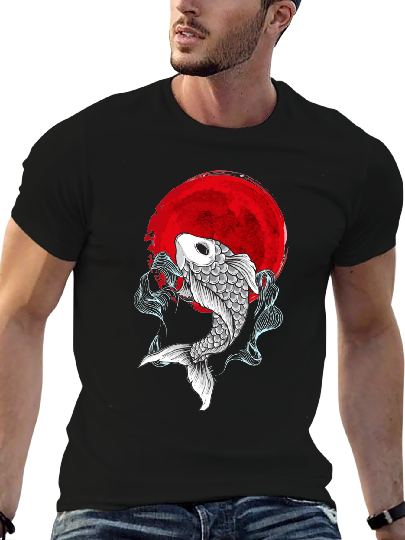 Black Koi Fish Red Moon Graphic Tee - Stylish & Unique view 6