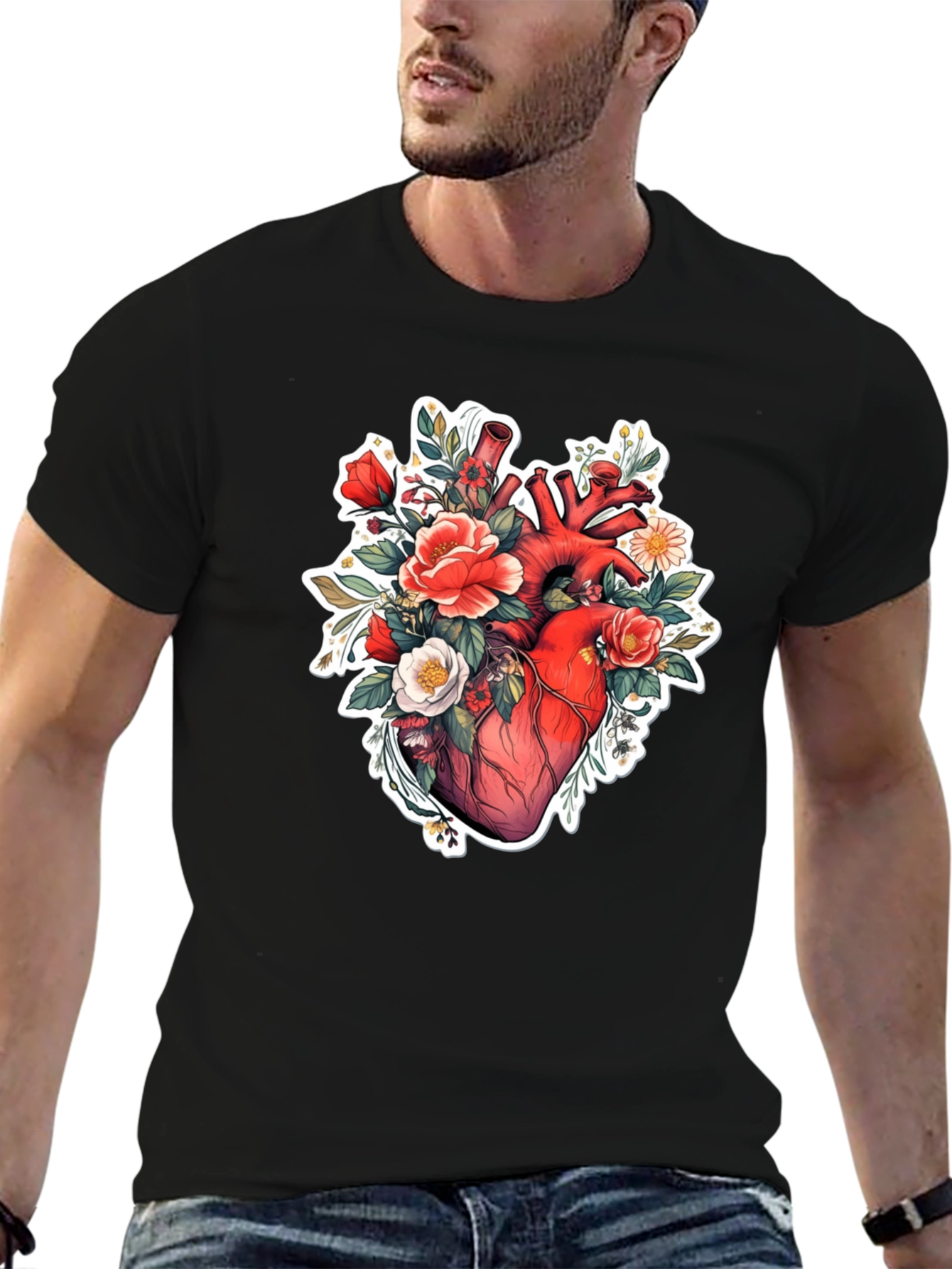 Black Anatomical Heart Floral T-Shirt view 6