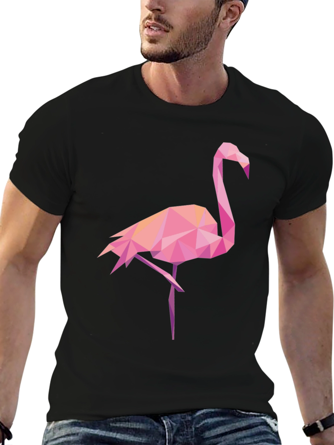 Black Geometric Flamingo Graphic Tee - Black Casual Shirt view 6