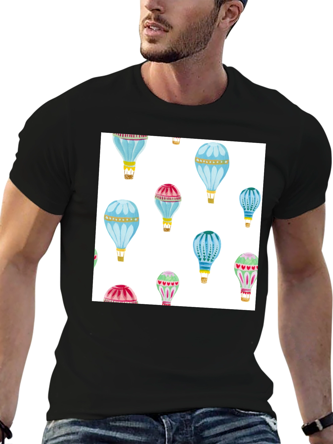 Black Hot Air Balloon Print Black T-Shirt view 6