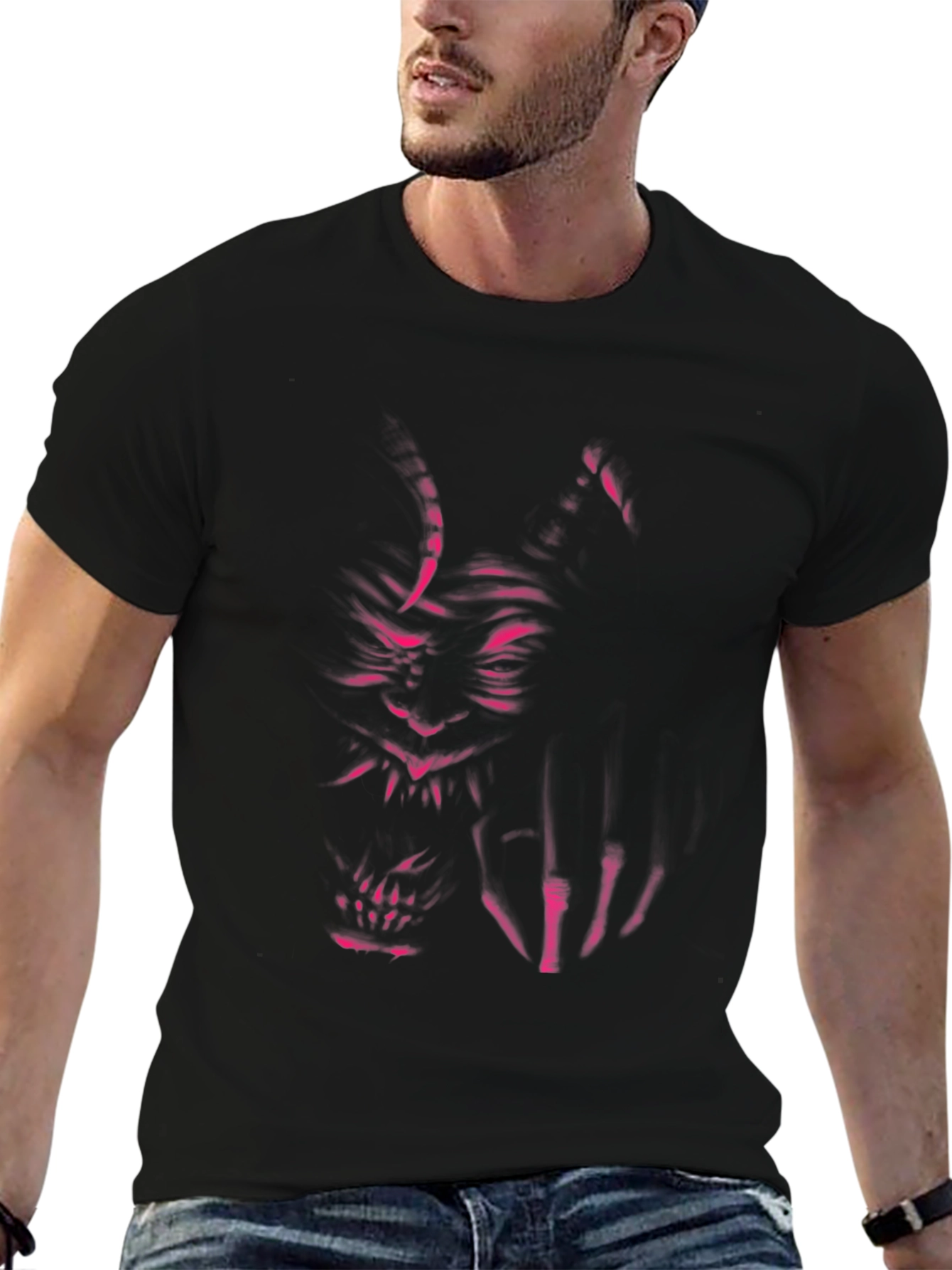 Black Men's Black T-Shirt with Oni Demon Graphic view 6