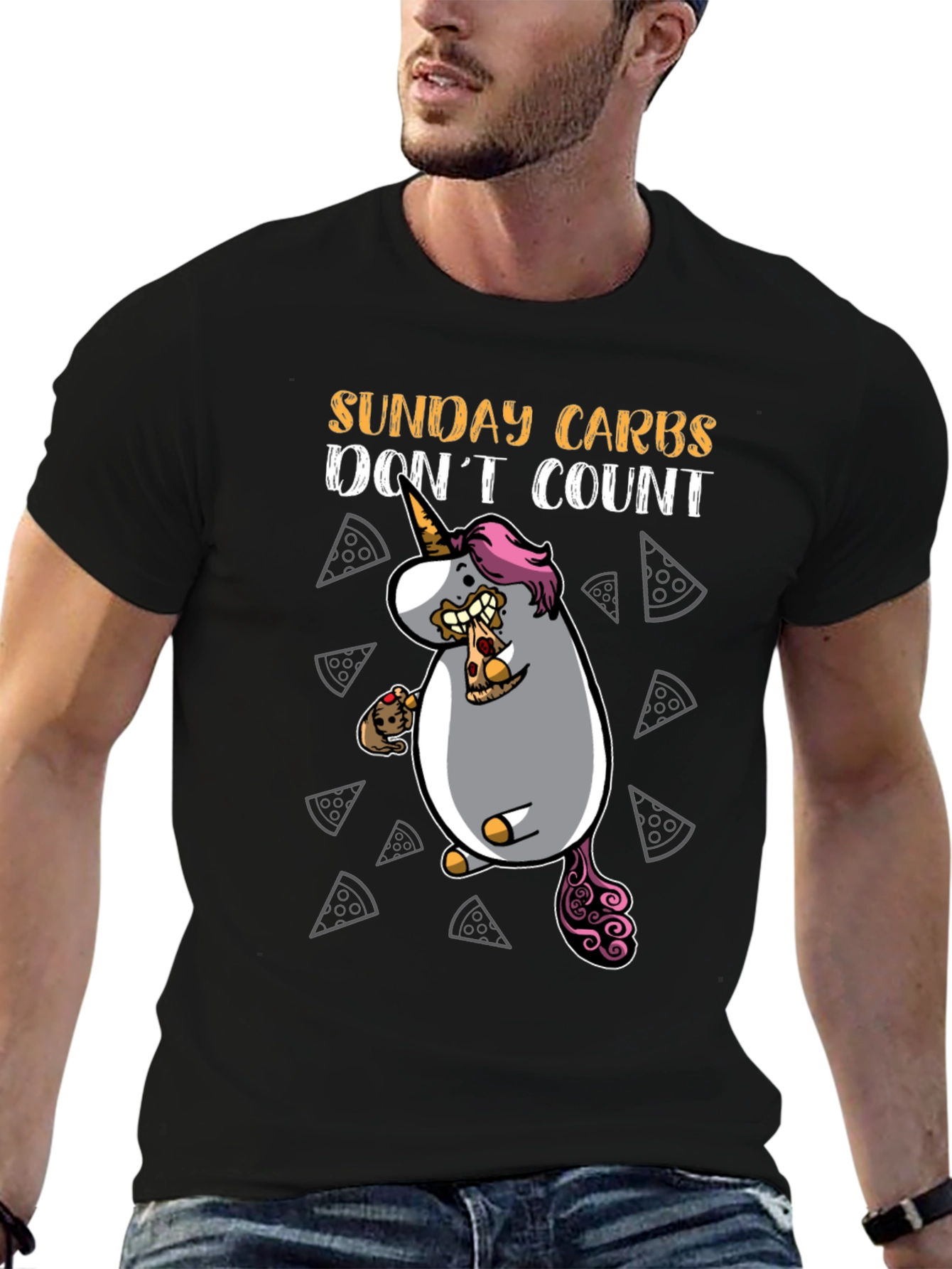 Black Funny Sunday Carbs Unicorn Pizza Graphic Tee view 6