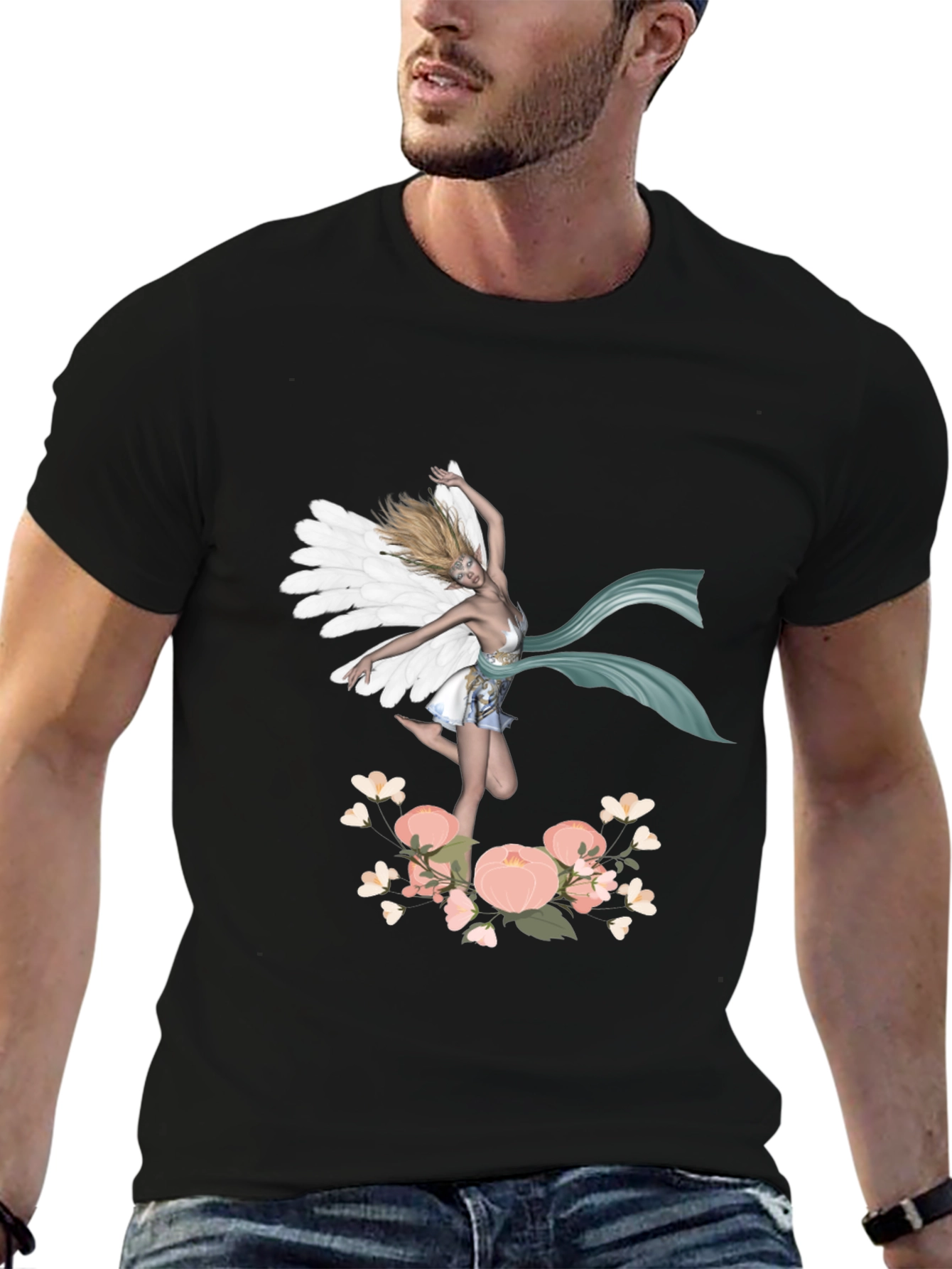Black Fairy Wings Flower Graphic Tee - Unique Design view 6