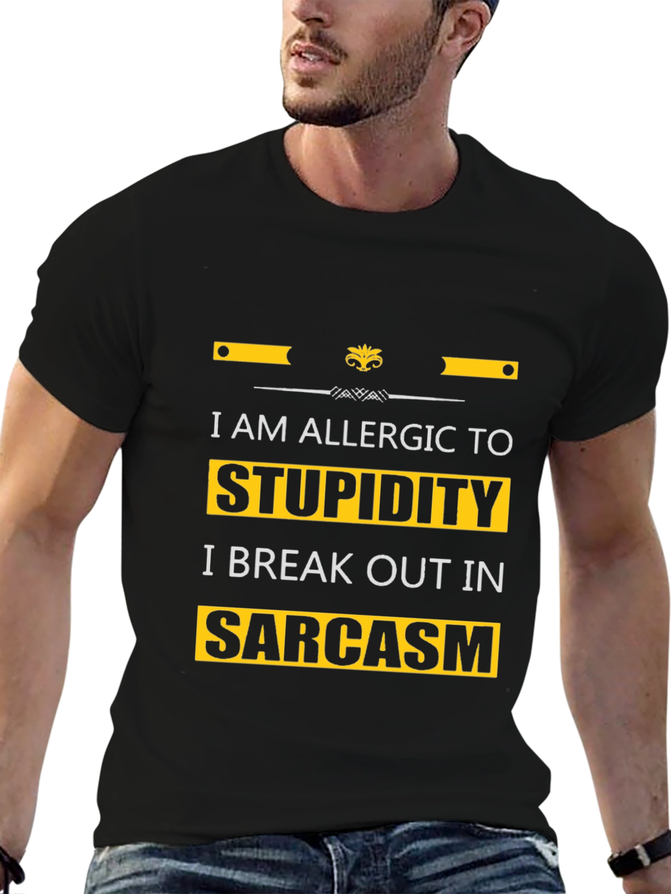 Black Allergic to Stupidity Sarcasm T-Shirt view 6