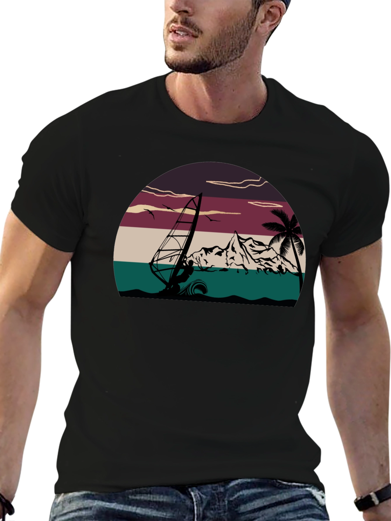 Black Retro Windsurfing T-Shirt - Vintage Style Tee view 6