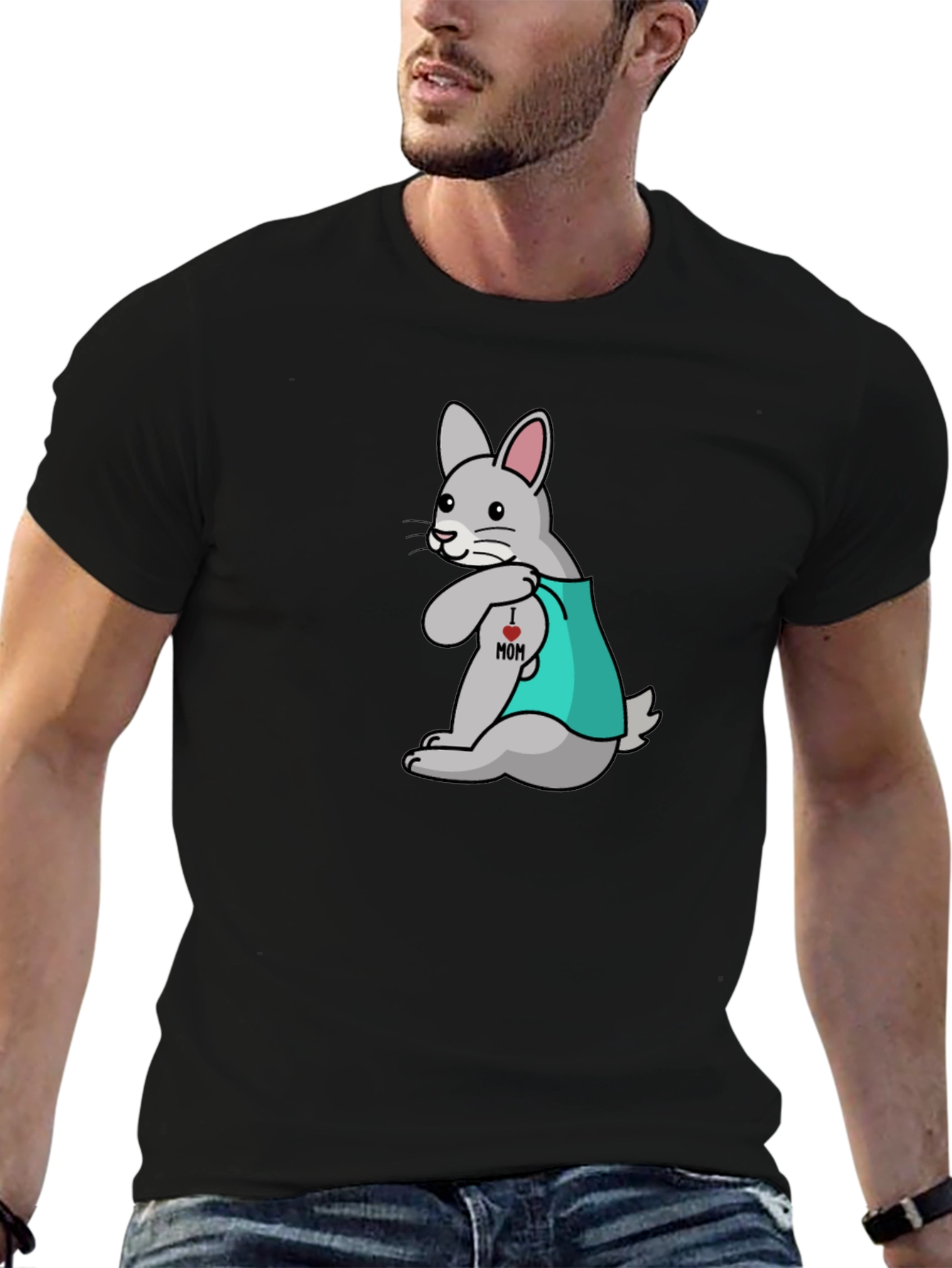 Black Funny Tattooed Rabbit Graphic T-Shirt view 6