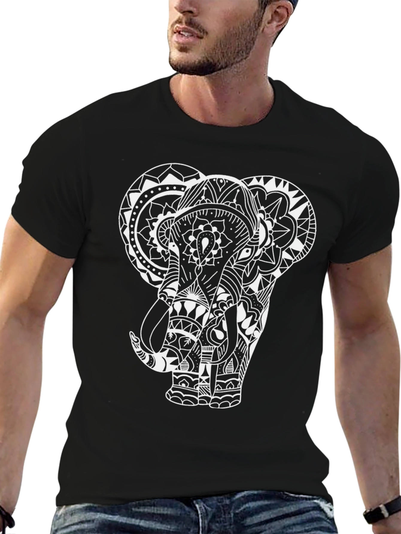Black Elephant Mandala Graphic T-Shirt - Black Cotton Tee view 6