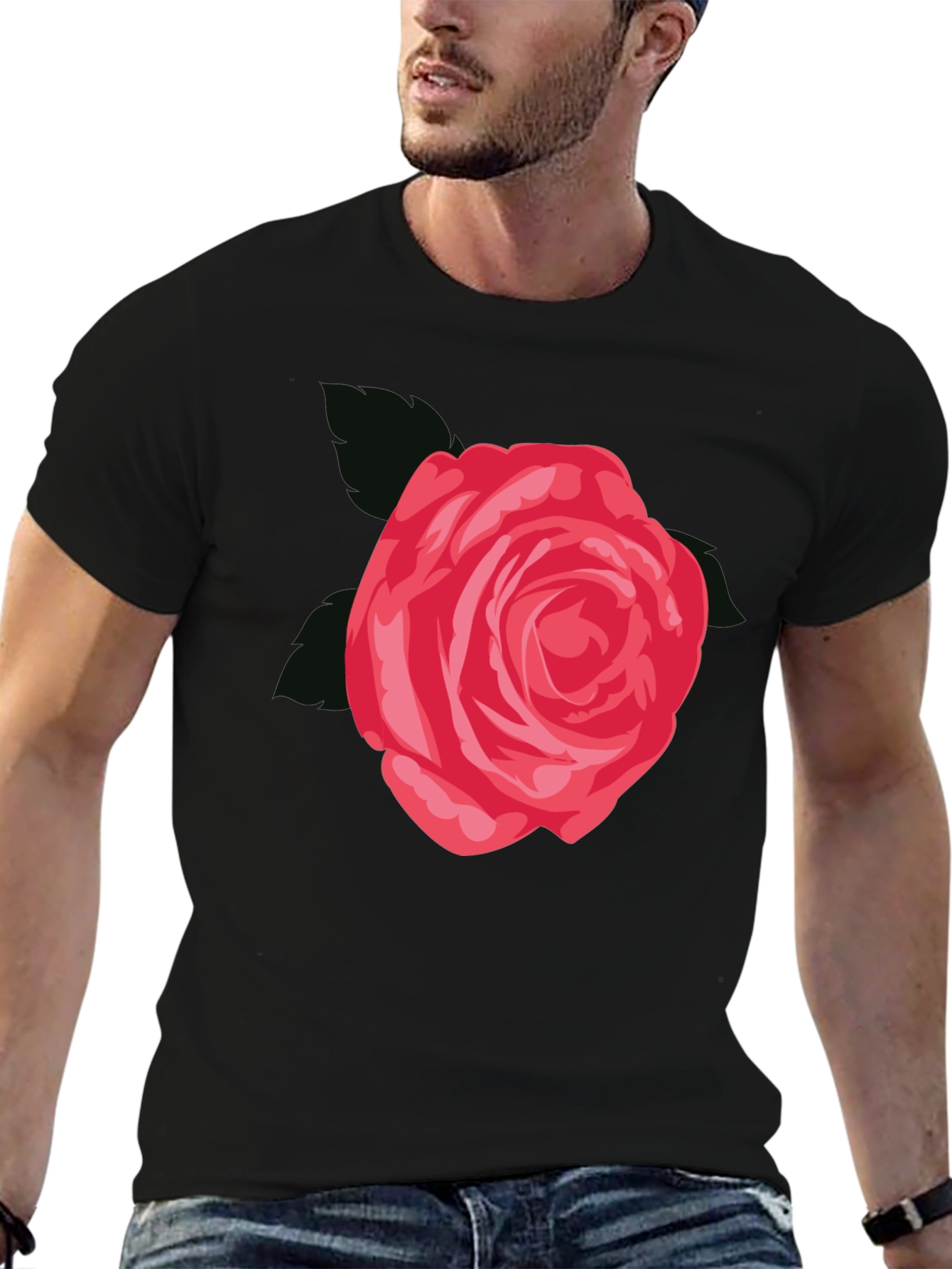 Black Men's Black T-Shirt with Red Rose Graphic view 6