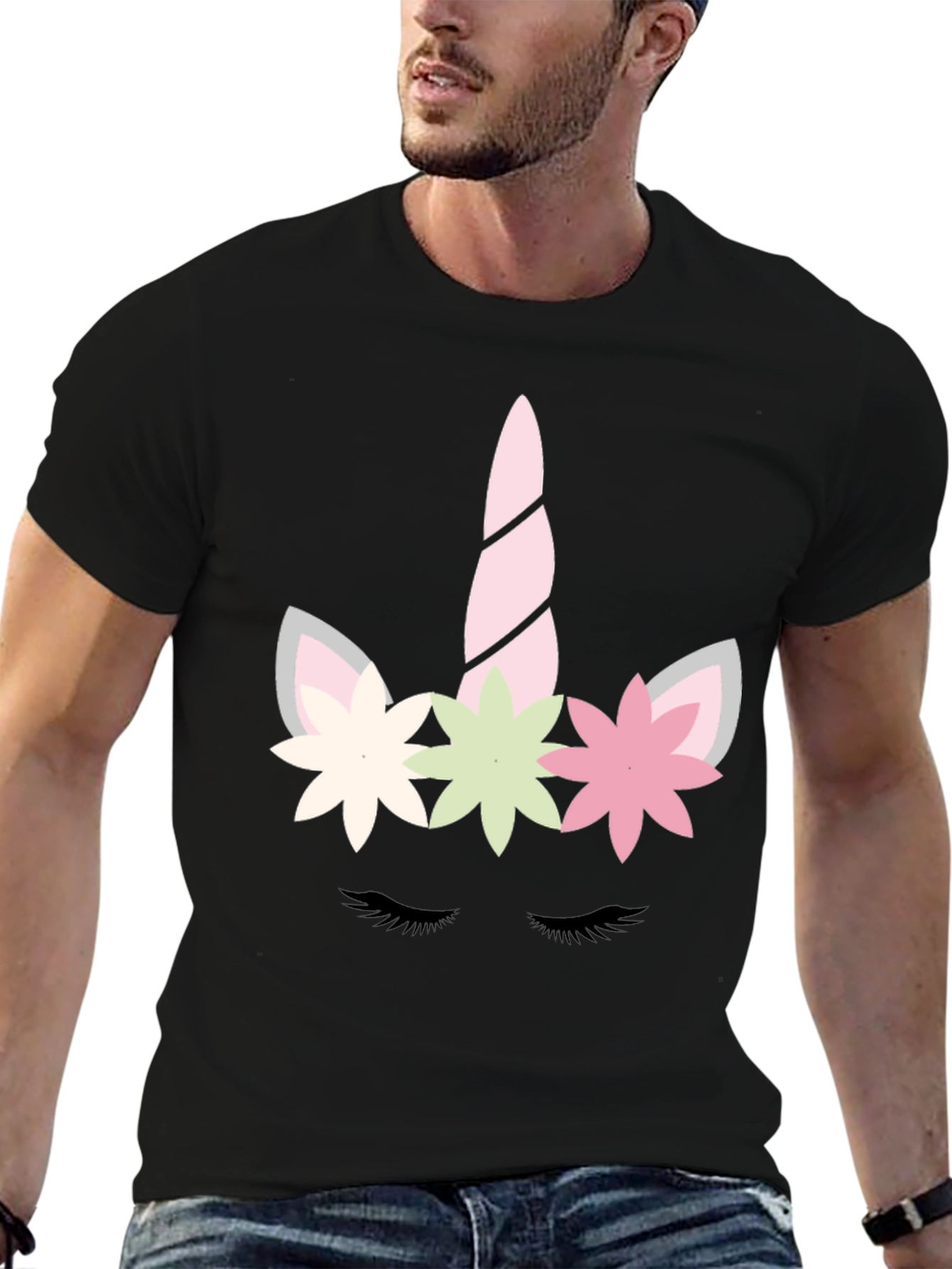 Black Unicorn Face Graphic Tee - Whimsical Black T-Shirt view 6
