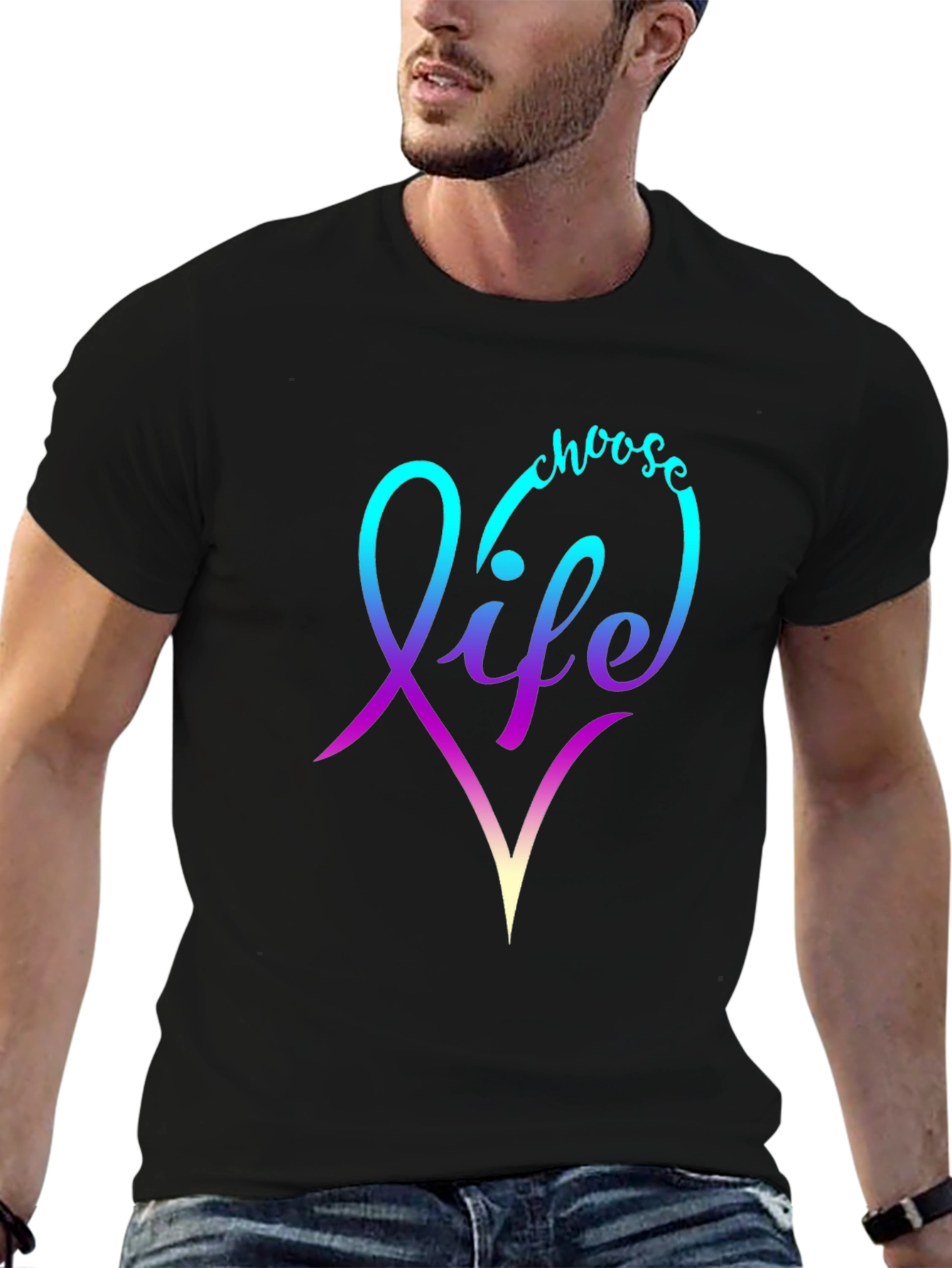 Black Choose Life T-Shirt - Gradient Heart Design view 6