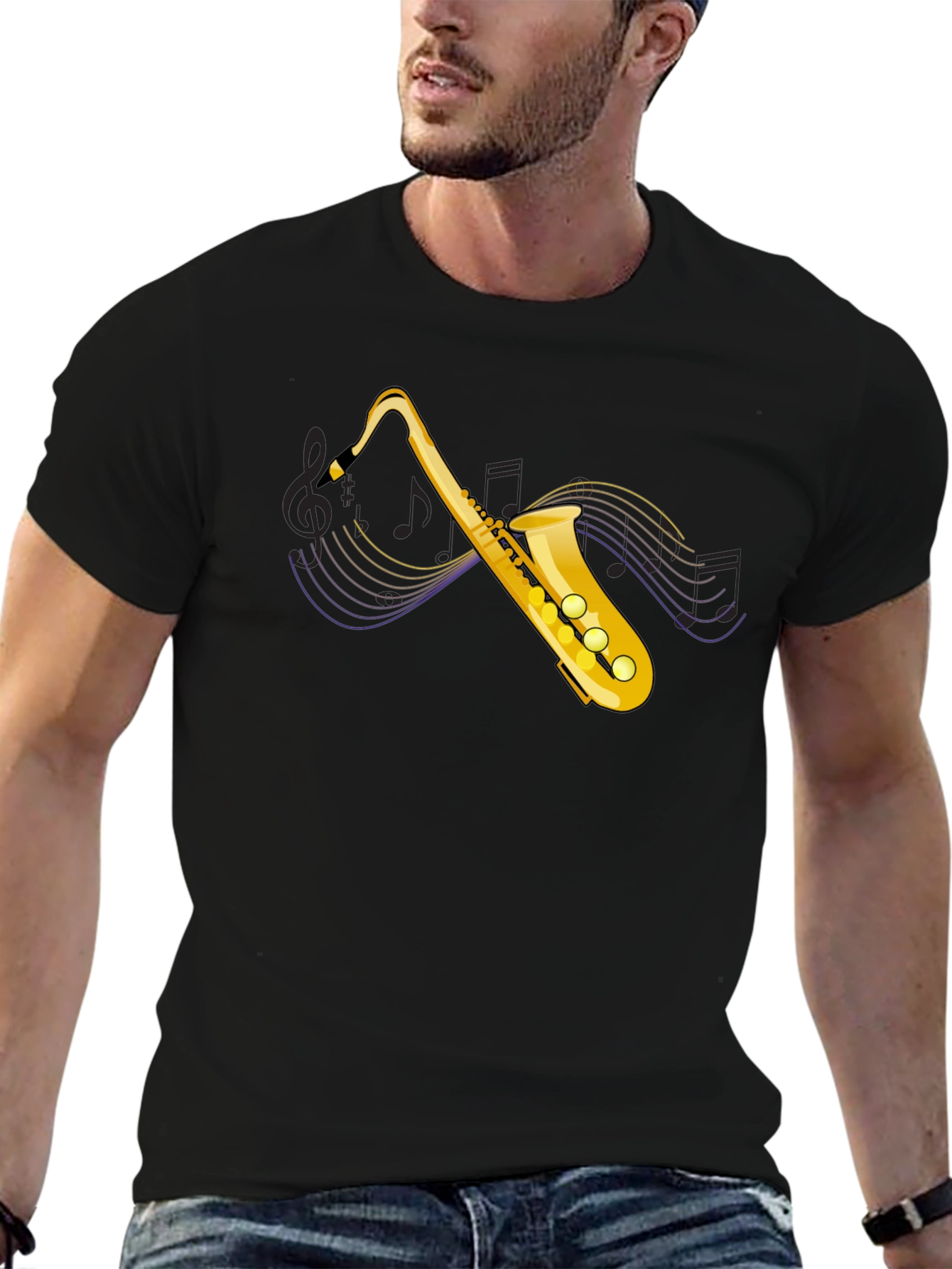 Black Saxophone Graphic Tee - Music Lover's Black T-Shirt view 6