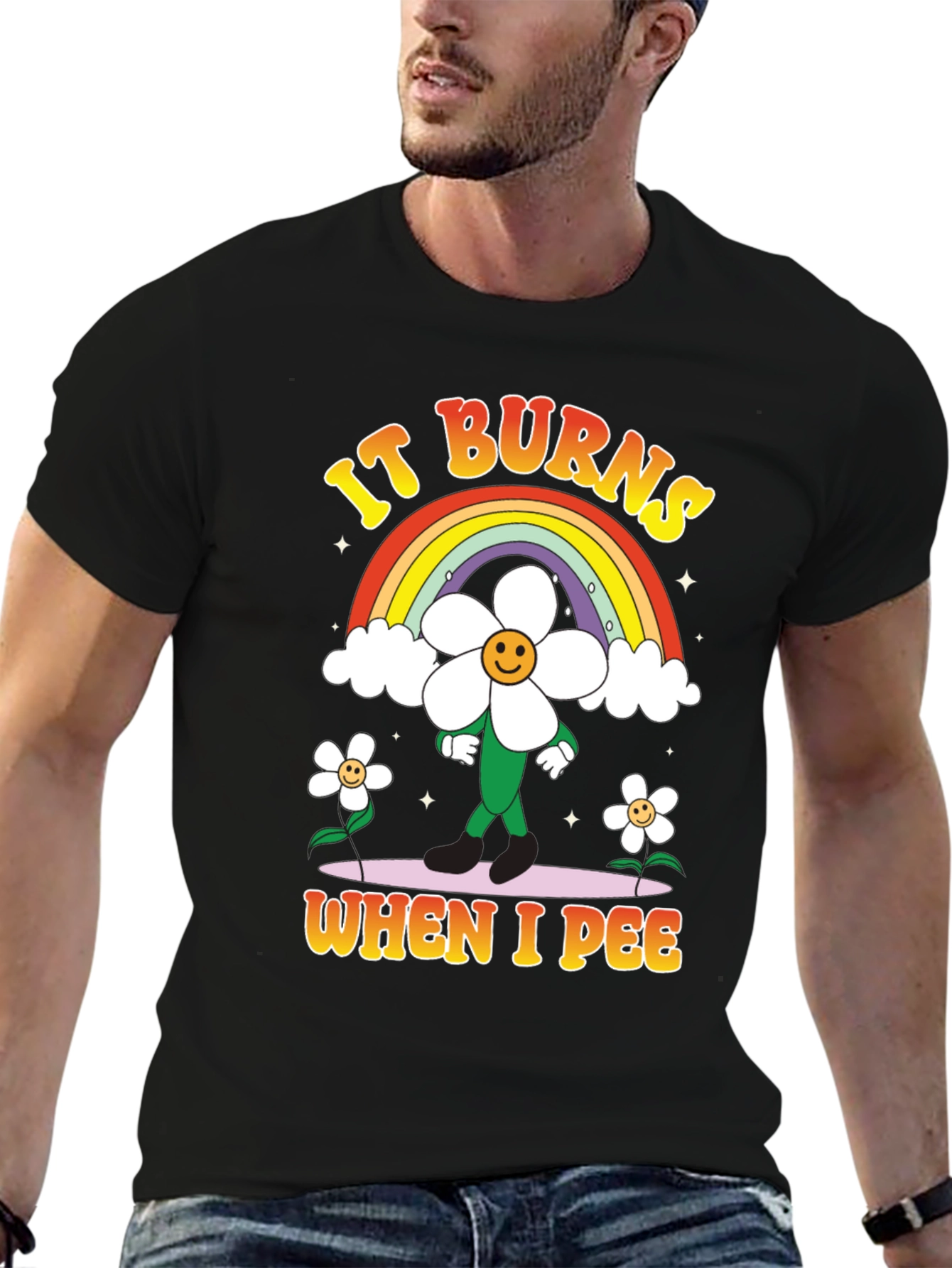 Black Funny Graphic T-Shirt - It Burns When I Pee Rainbow view 6