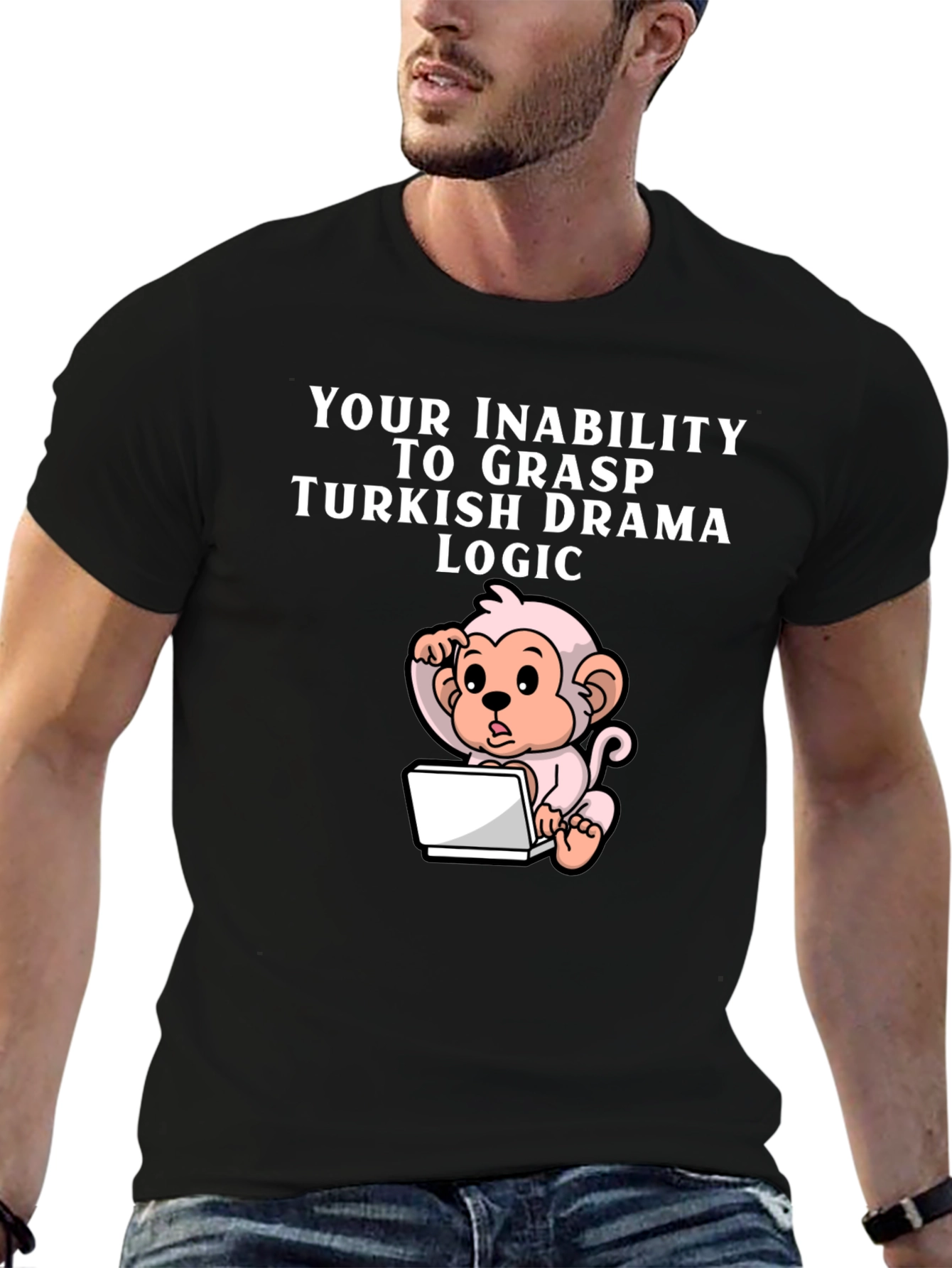 Black Humorous Turkish Drama Logic Monkey T-Shirt view 6