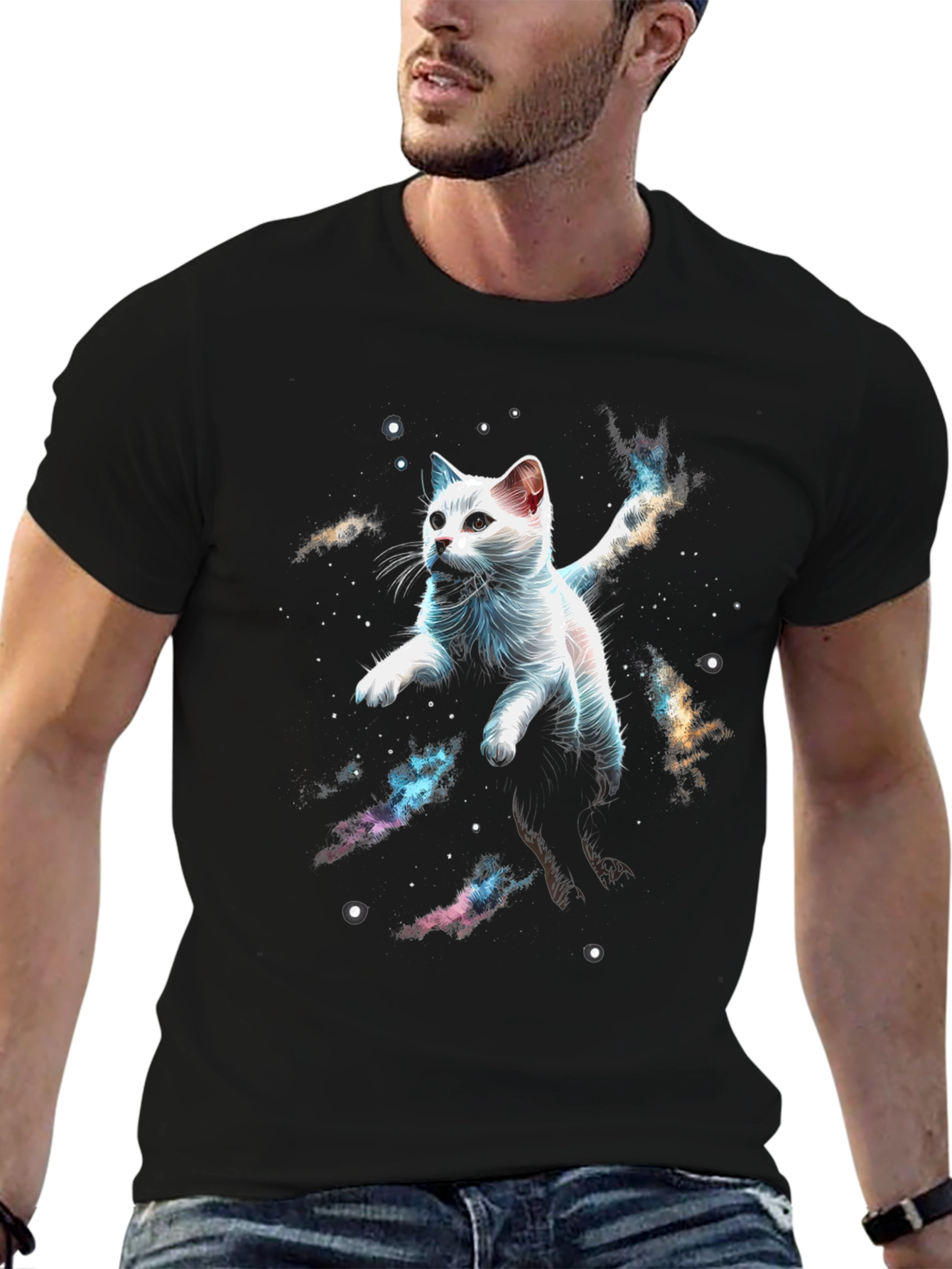 Black Cosmic Cat T-Shirt - Galaxy Kitten Graphic Tee view 6