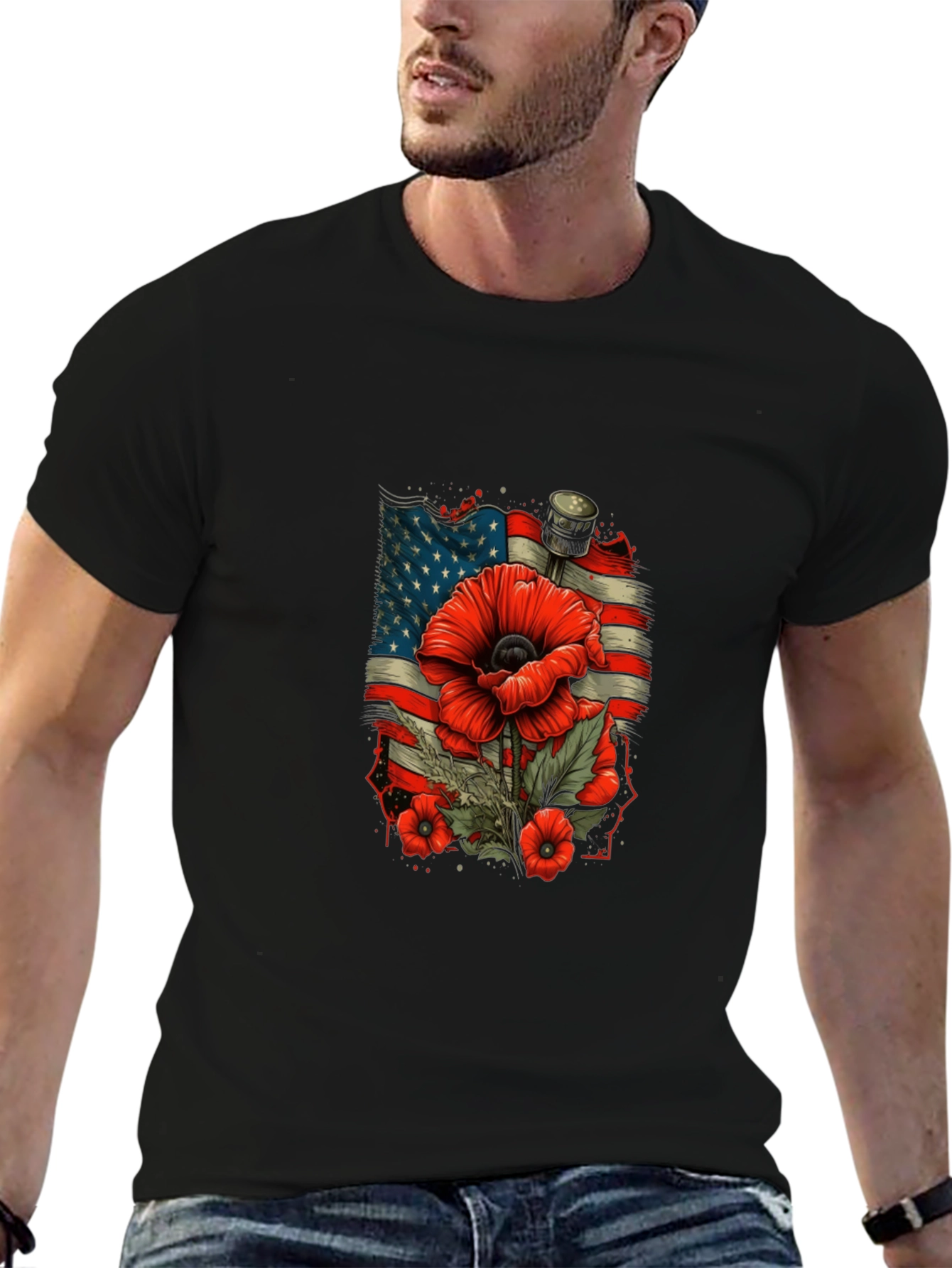 Black Patriotic Poppy T-Shirt - American Flag Remembrance view 6