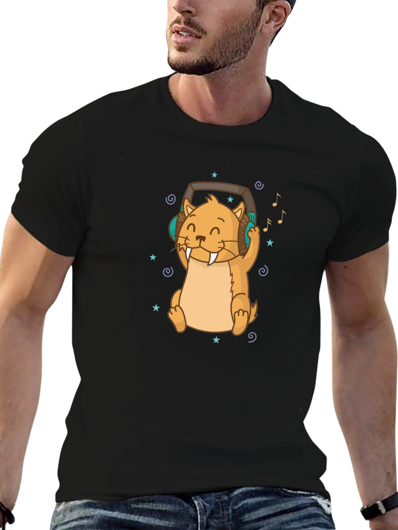 Black Cute Otter with Headphones Black T-Shirt view 6